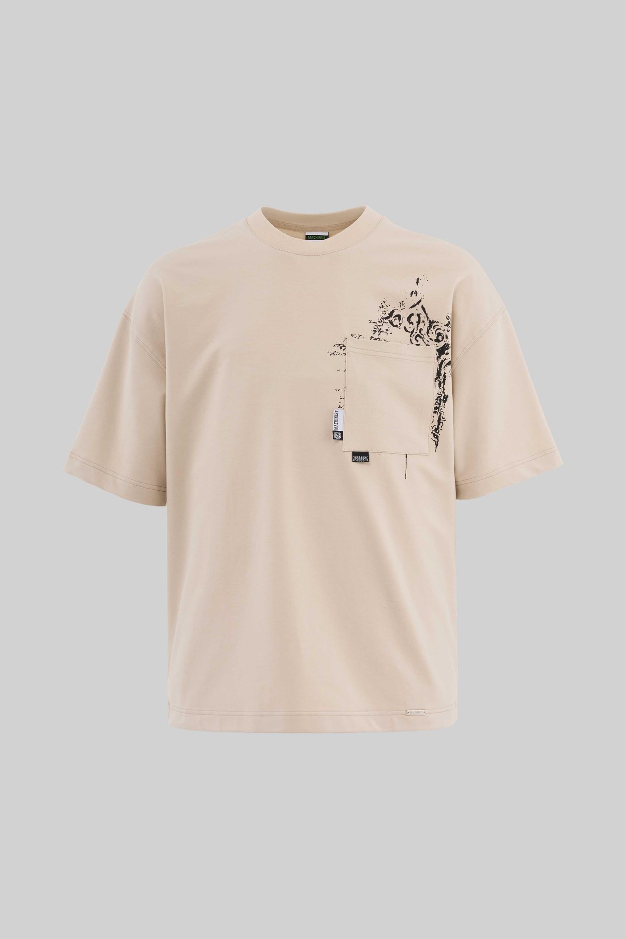 Erkek Label And Print Pocket Oversize Soft Bej Tişört