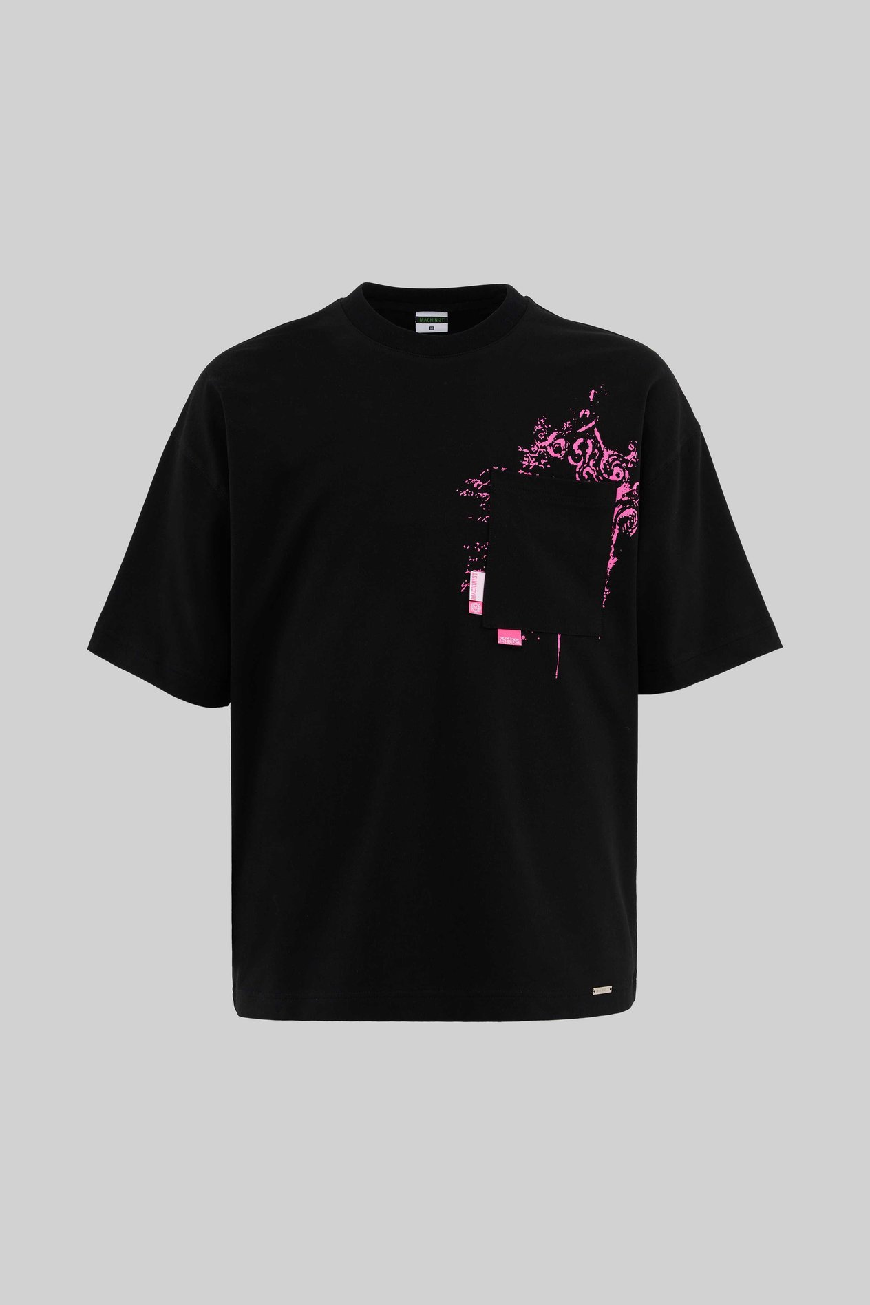 Erkek Label And Print Pocket Oversize Siyah Tişört