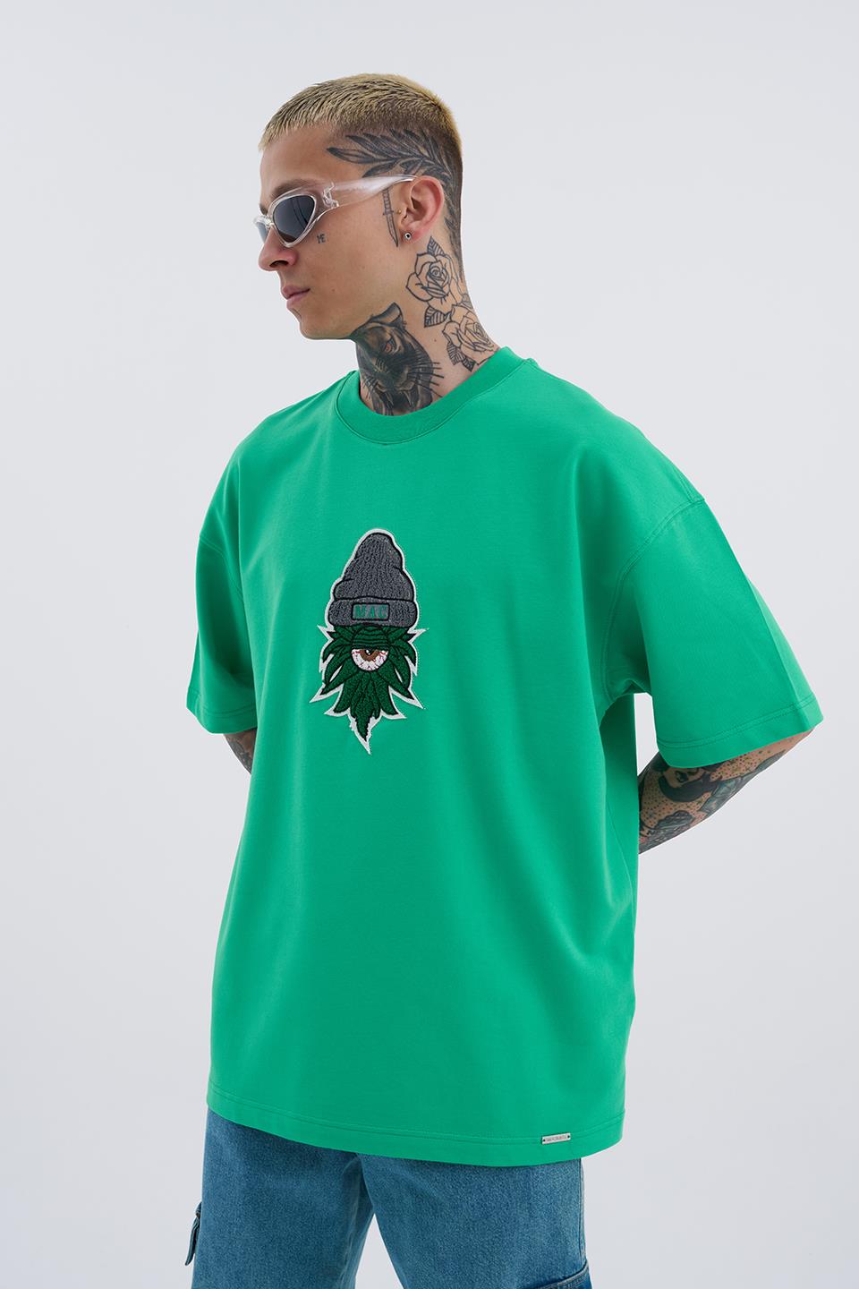 Erkek Leaf Eye Nakışlı Oversize Yeşil Tişört