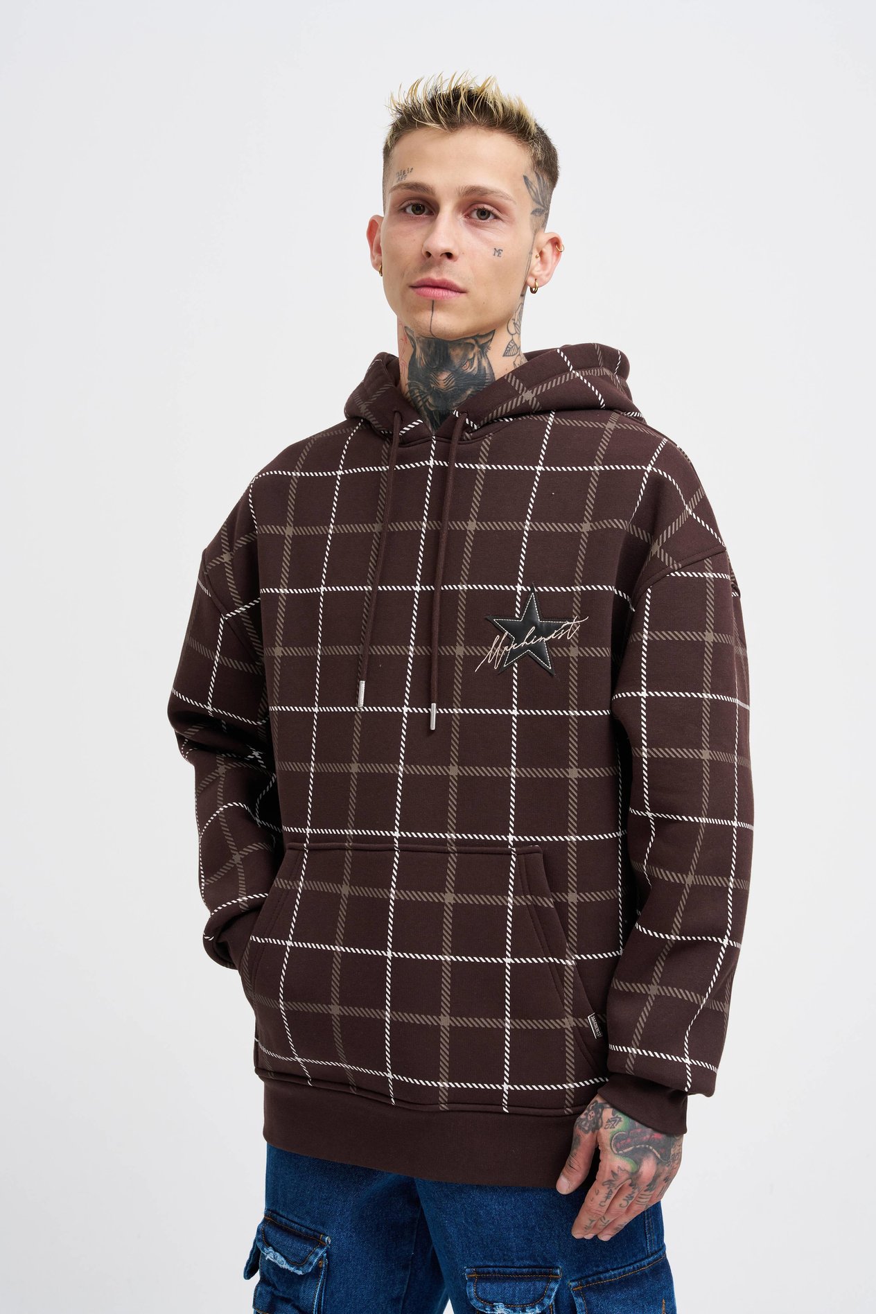 Erkek Leather Applique Koyu Kahve Hoodie