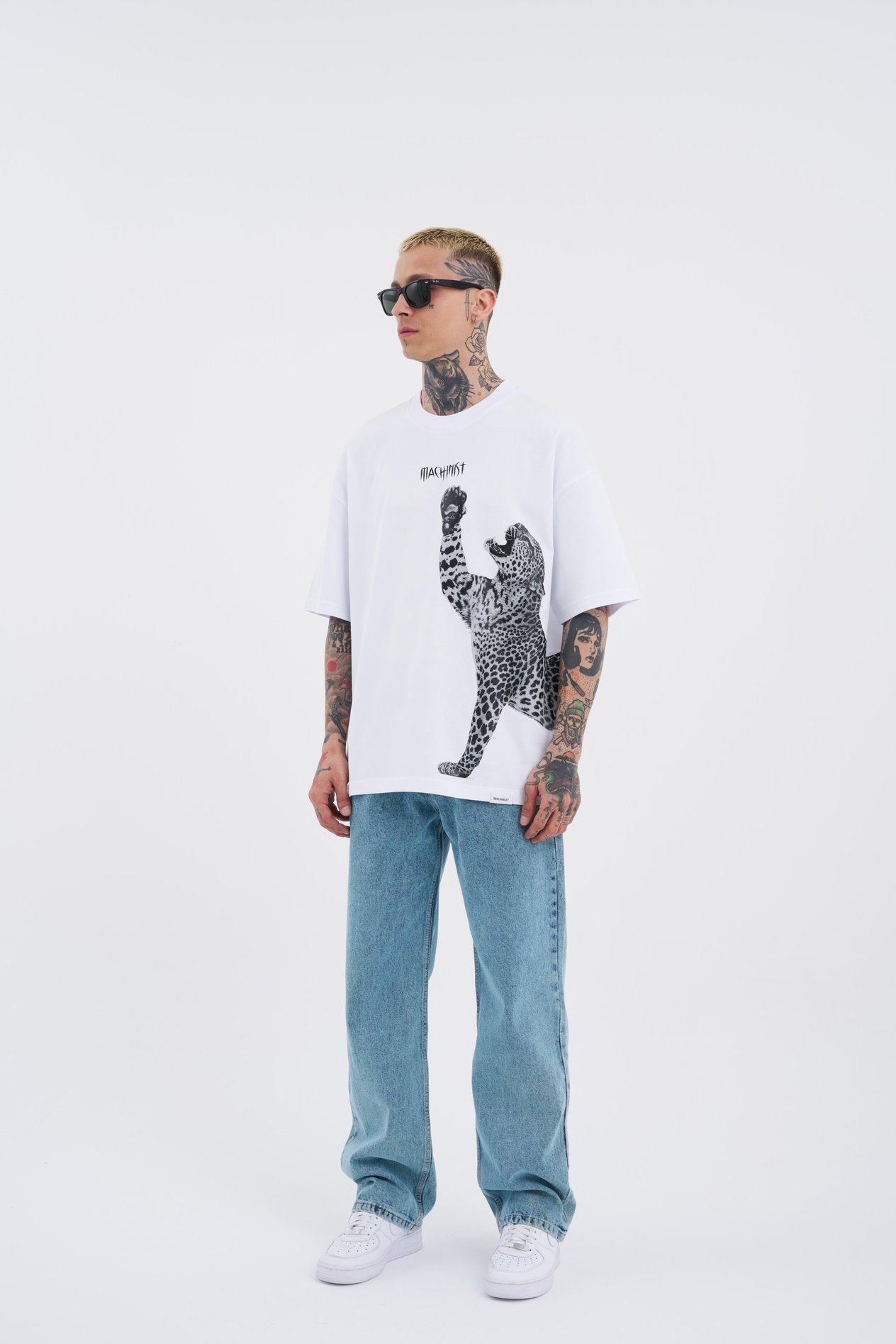 Erkek Leopard Baskılı Oversize Beyaz Tişört