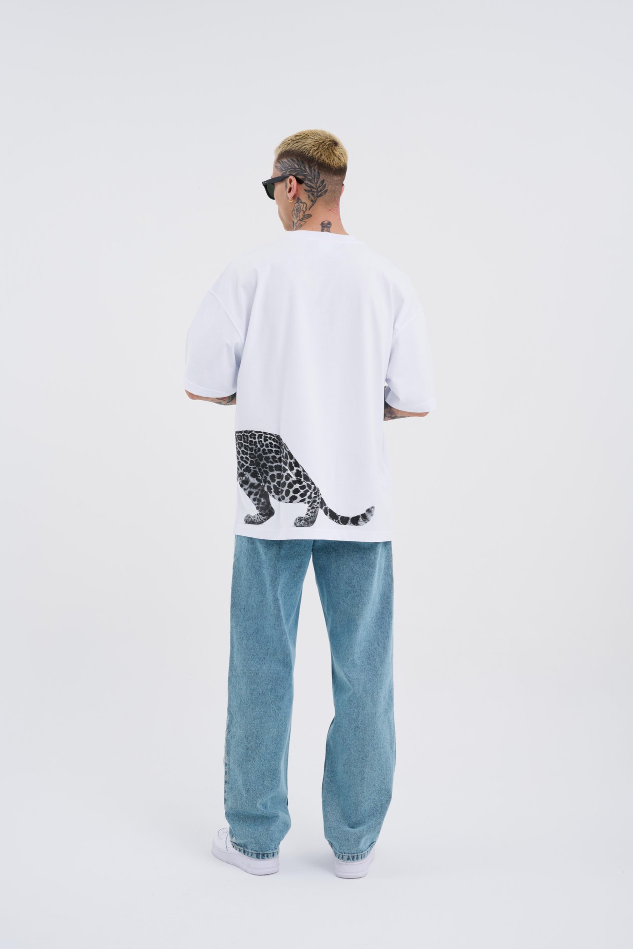 Erkek Leopard Baskılı Oversize Beyaz Tişört