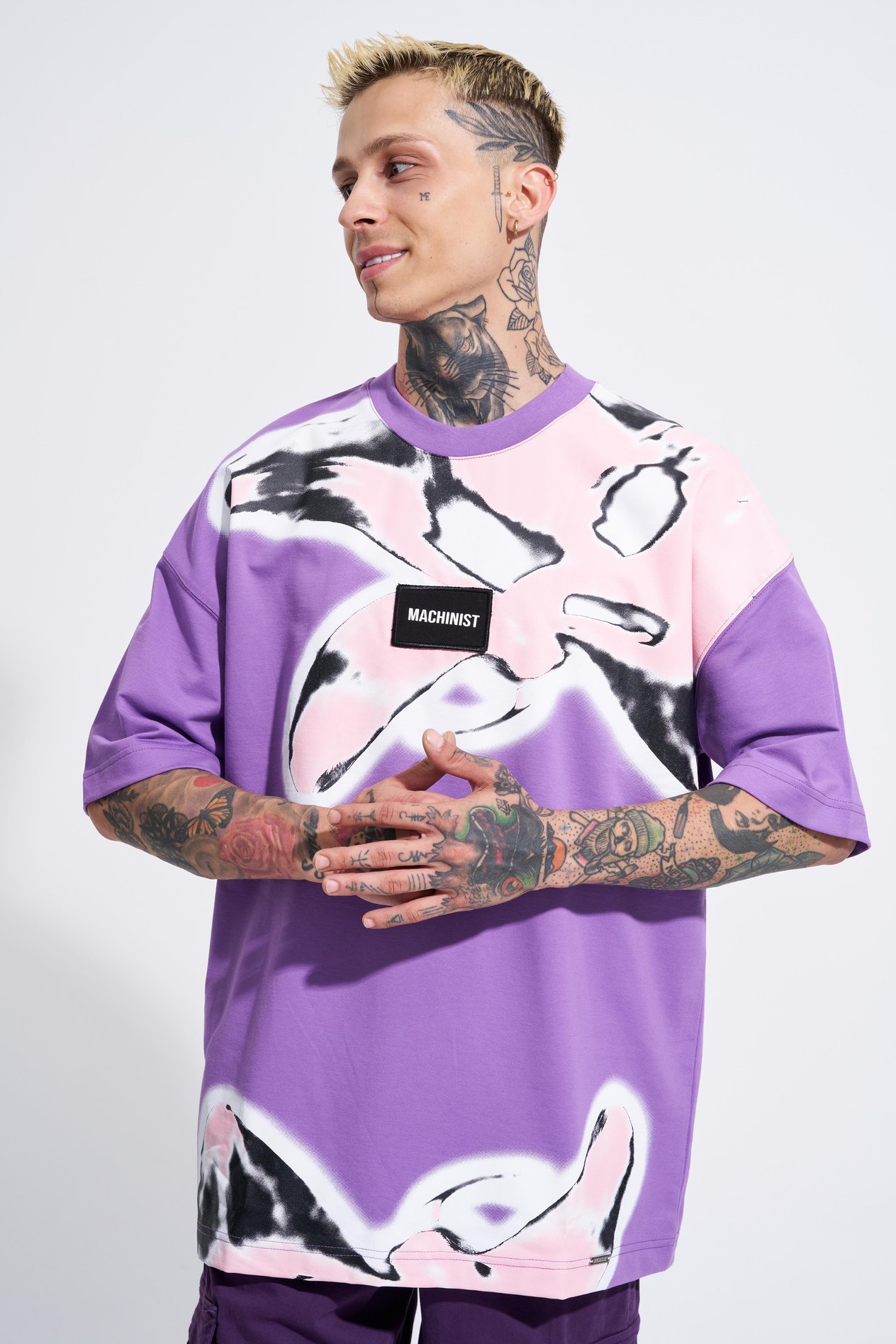 Erkek Lotus Flower Baskılı Oversize Mor Tişört