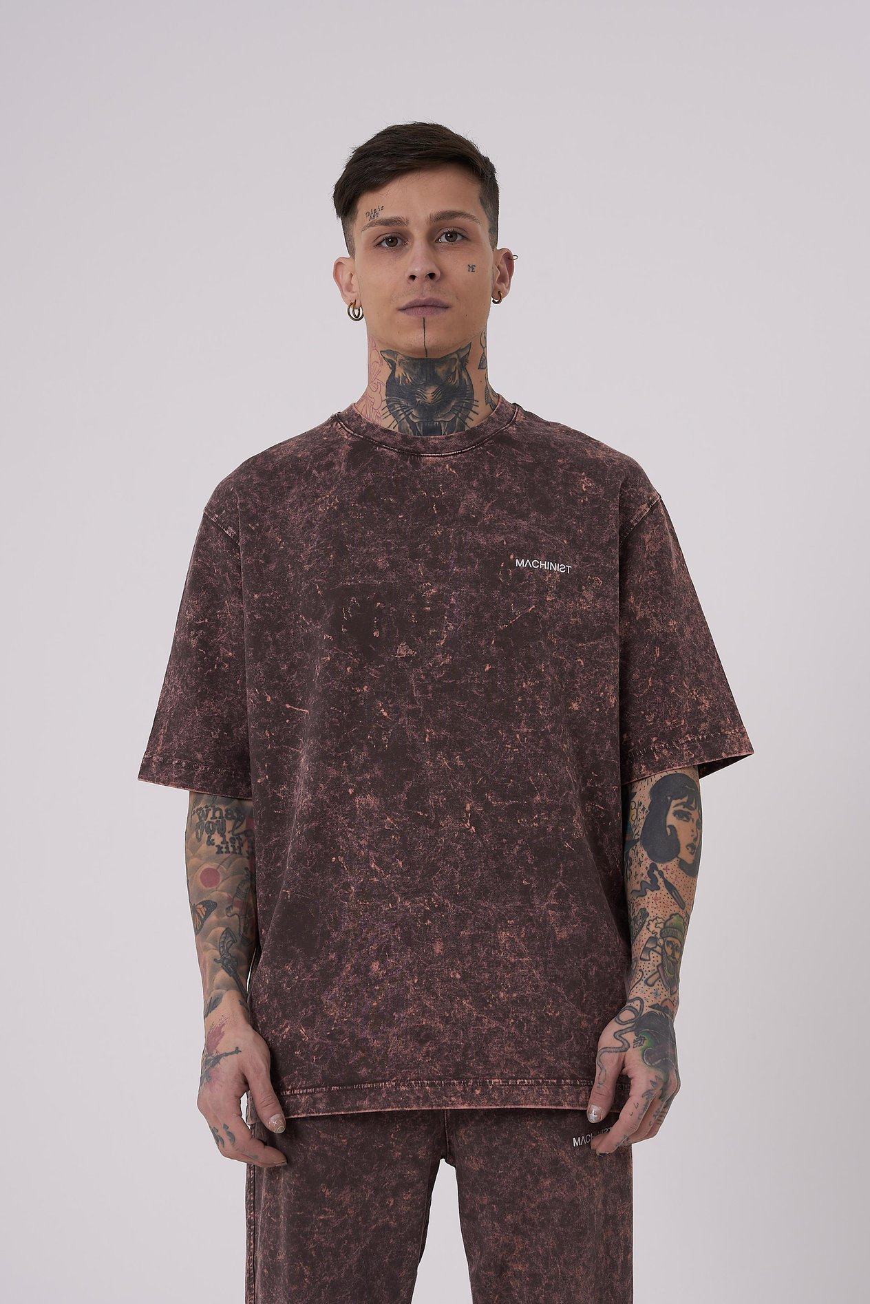 Erkek Luxury Yıkamalı Basic Oversize Kahverengi Spotted Tişört