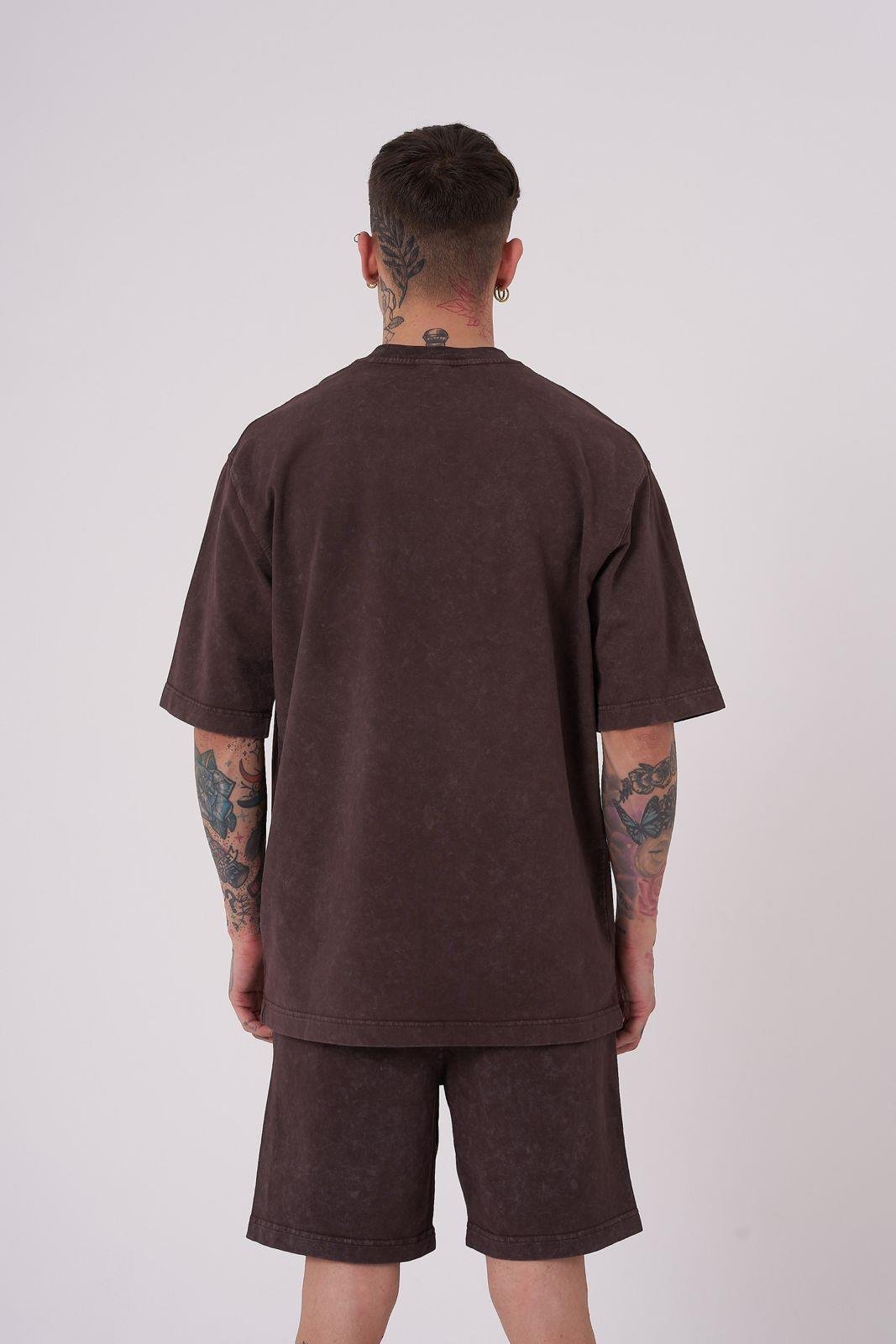 Erkek Luxury Yıkamalı Basic Relaxed Kahverengi Cloudy Tişört