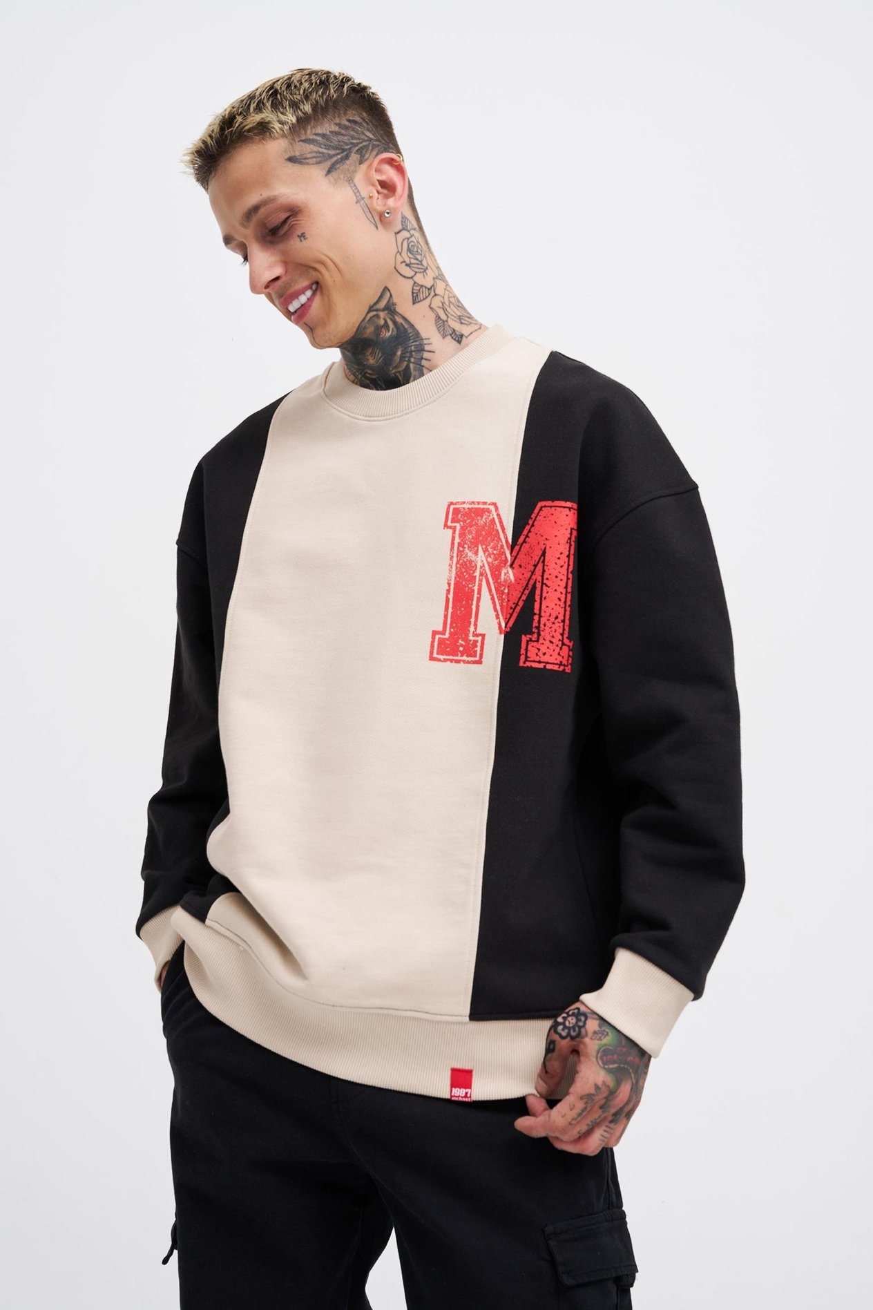 Erkek M Logo Patchwork Sweatshirt SOFT BEIGE-BLACK