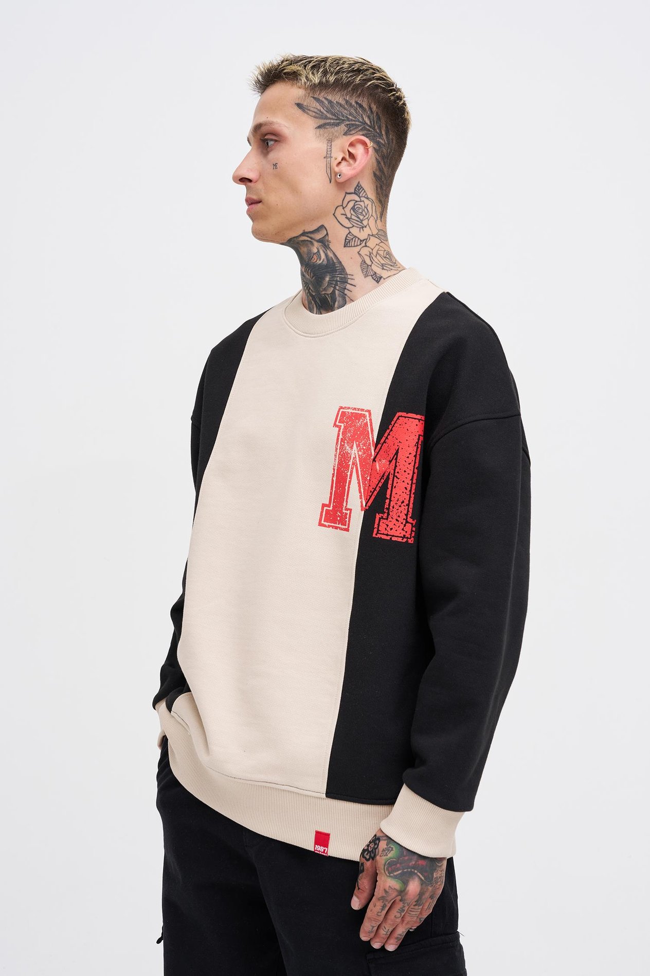 Erkek M Logo Patchwork Sweatshirt SOFT BEIGE-BLACK