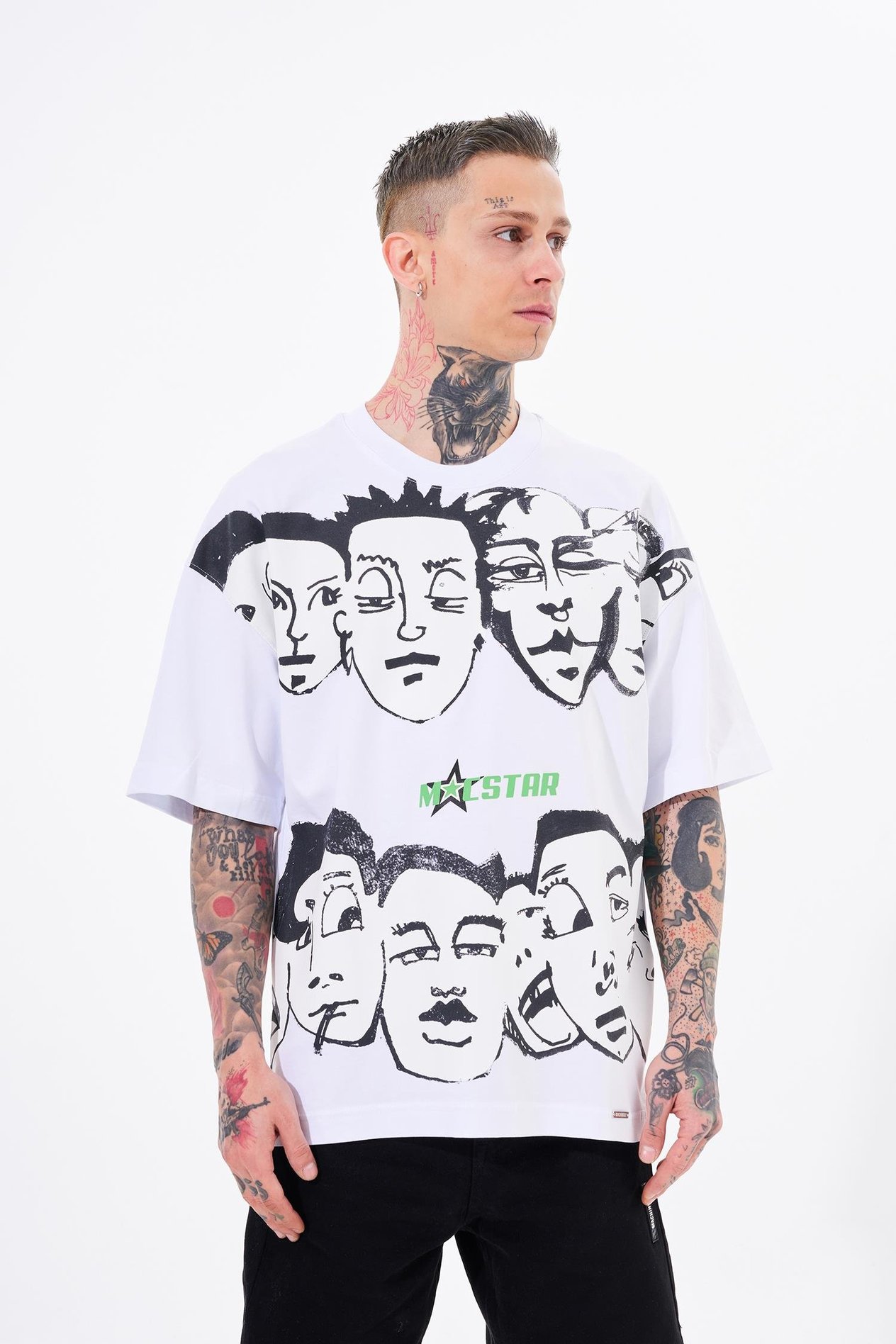 Erkek Macstar Heads Oversize Beyaz Tişört