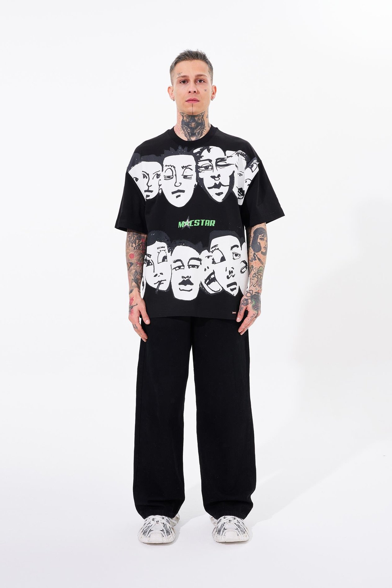 Erkek Macstar Heads Oversize Siyah Tişört