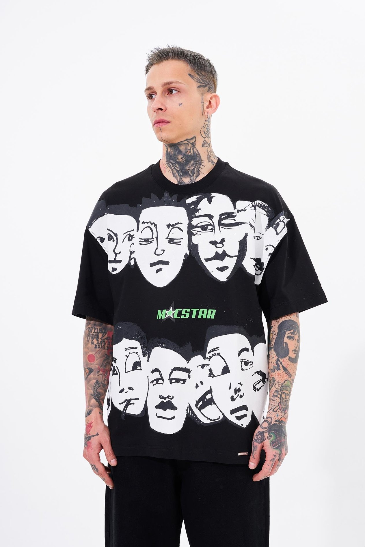 Erkek Macstar Heads Oversize Siyah Tişört