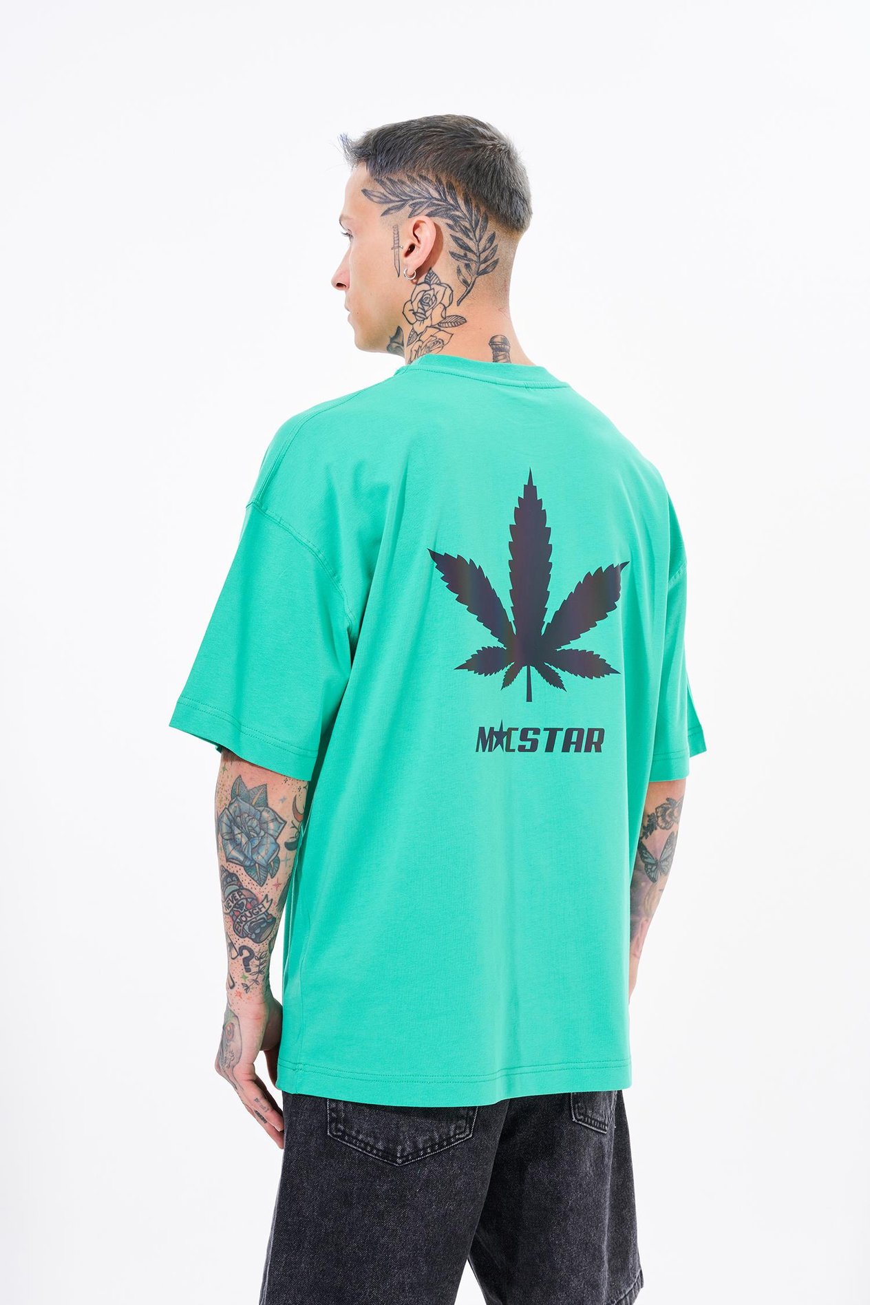 Erkek Macstar Leaf Baskılı Oversize Açık Yeşil Tişört