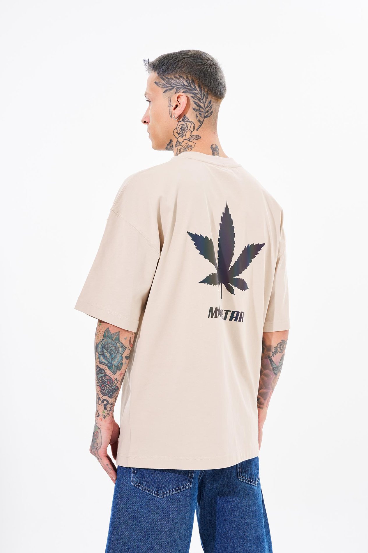 Erkek Macstar Leaf Baskılı Oversize Açık Bej Tişört