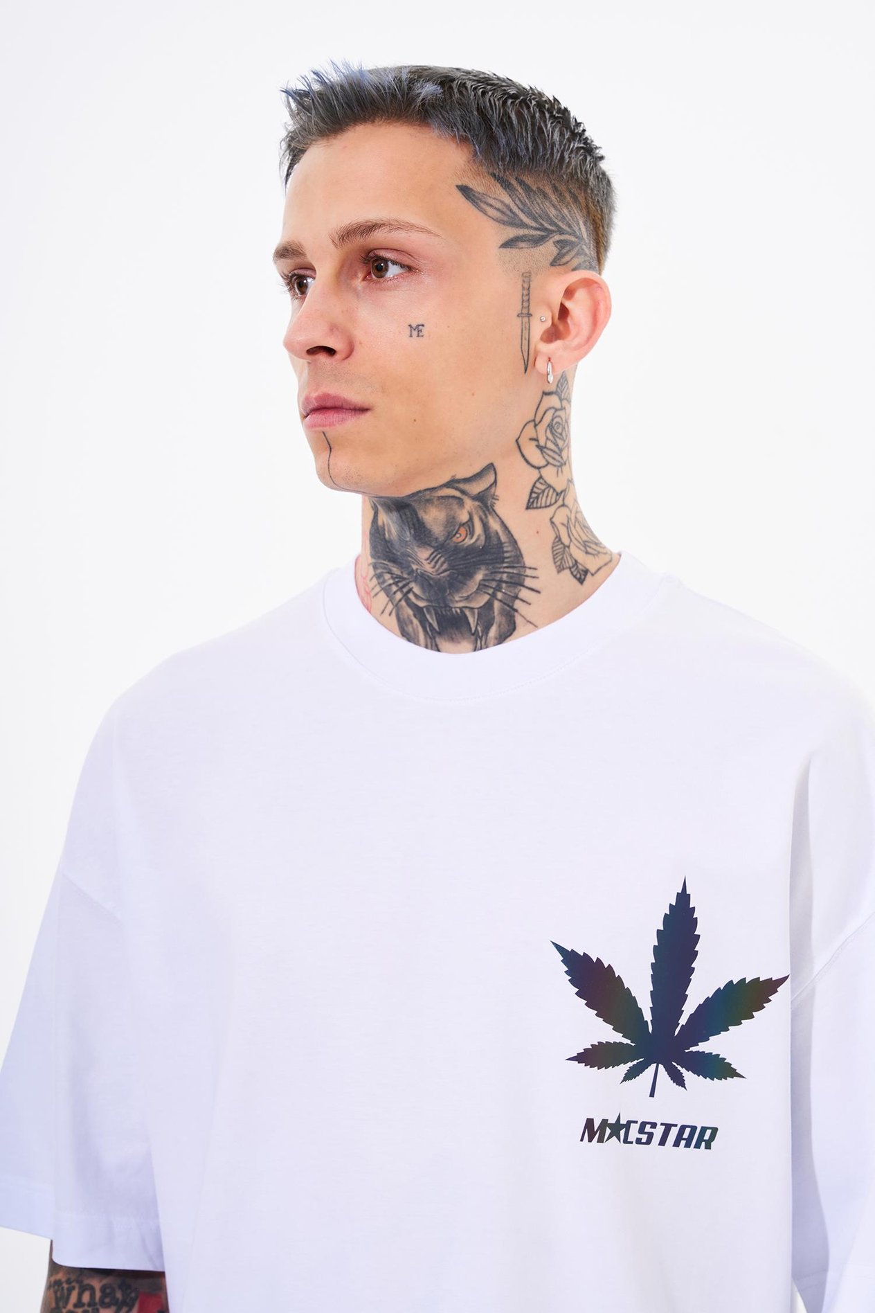 Erkek Macstar Leaf Baskılı Oversize Beyaz Tişört
