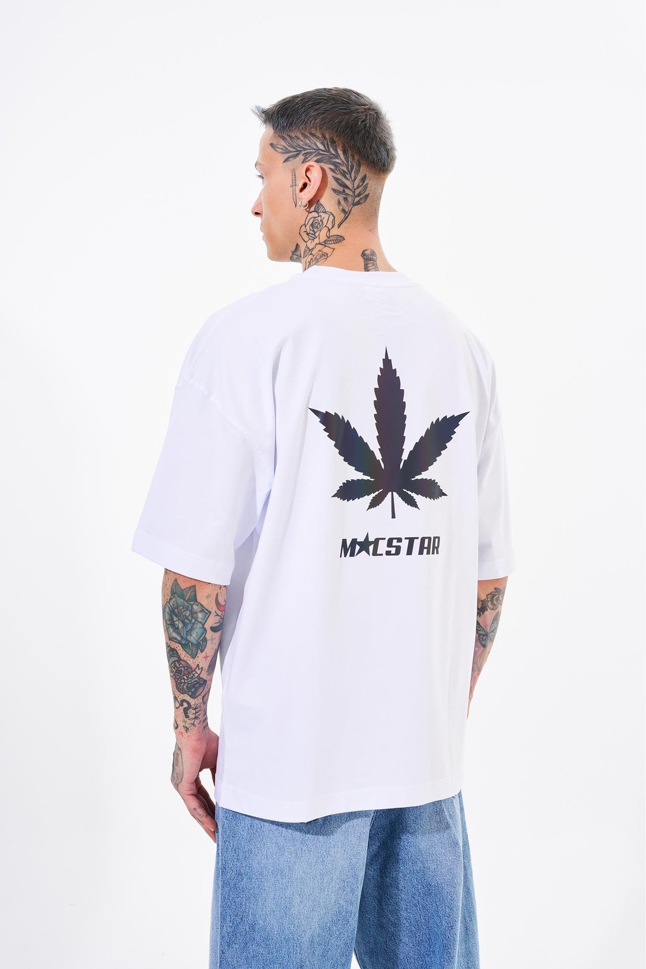 Erkek Macstar Leaf Baskılı Oversize Beyaz Tişört