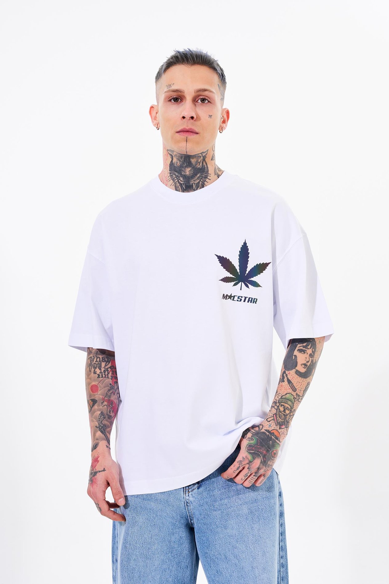 Erkek Macstar Leaf Baskılı Oversize Beyaz Tişört