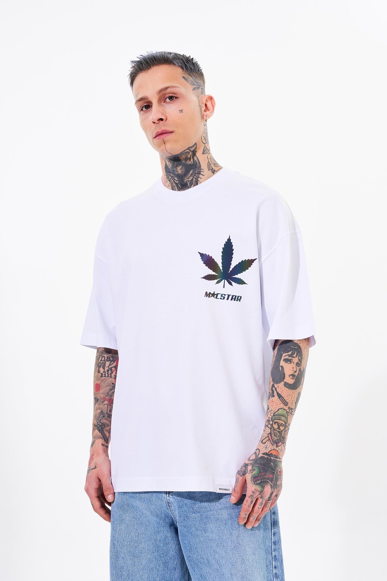 Erkek Macstar Leaf Baskılı Oversize Beyaz Tişört