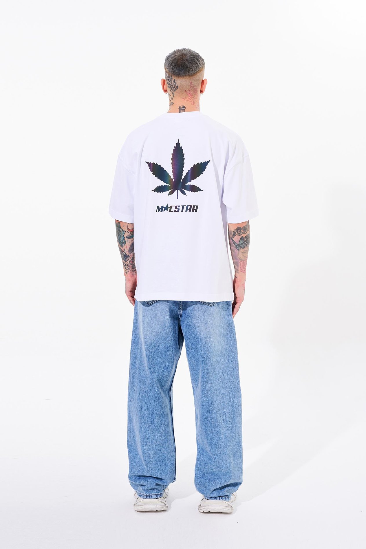 Erkek Macstar Leaf Baskılı Oversize Beyaz Tişört