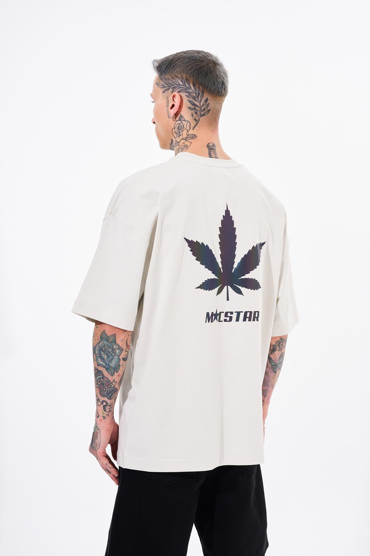 Erkek Macstar Leaf Baskılı Oversize Gri Tişört