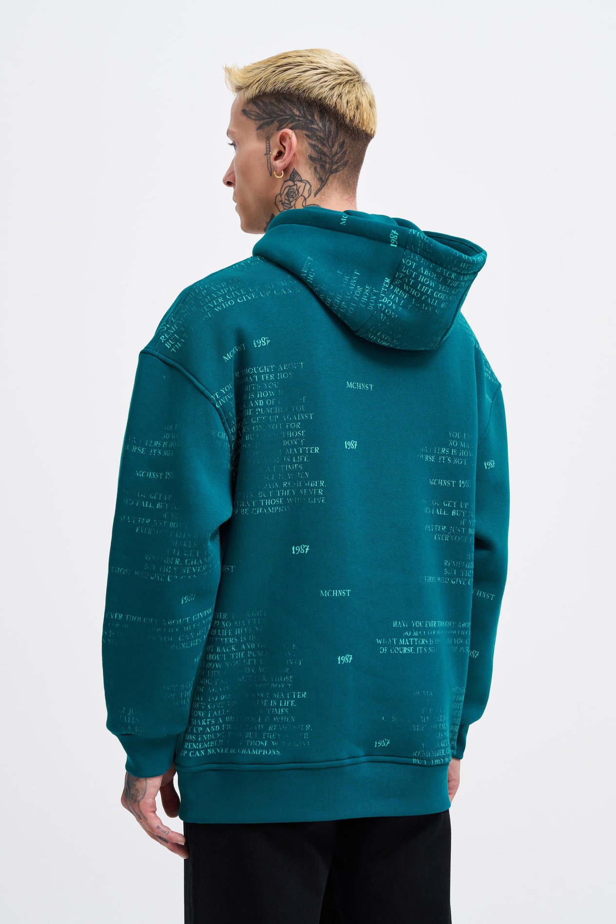 Erkek Map Printed And Applique Hoodie OIL GREEN