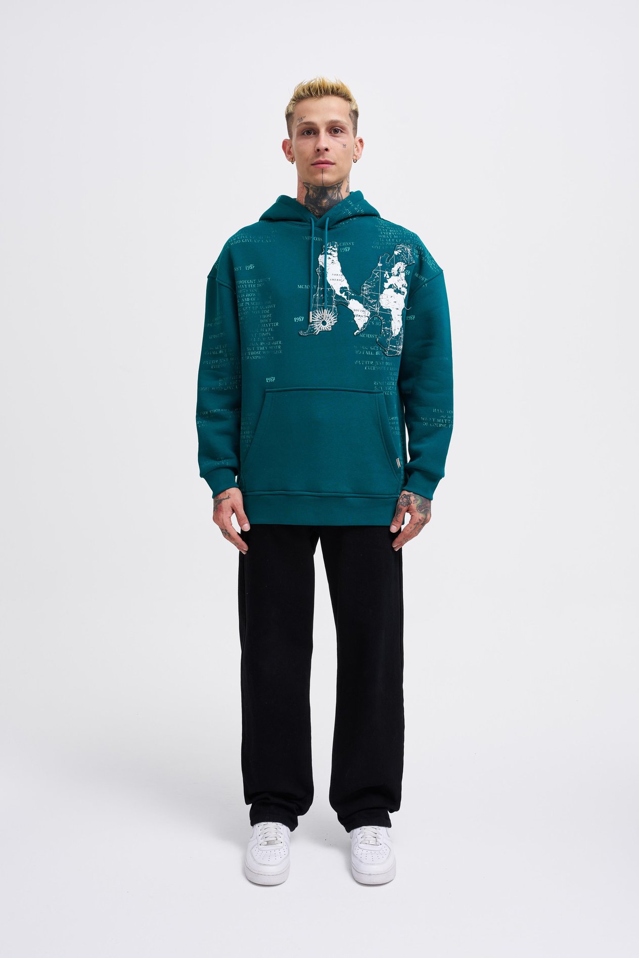 Erkek Map Printed And Applique Hoodie OIL GREEN