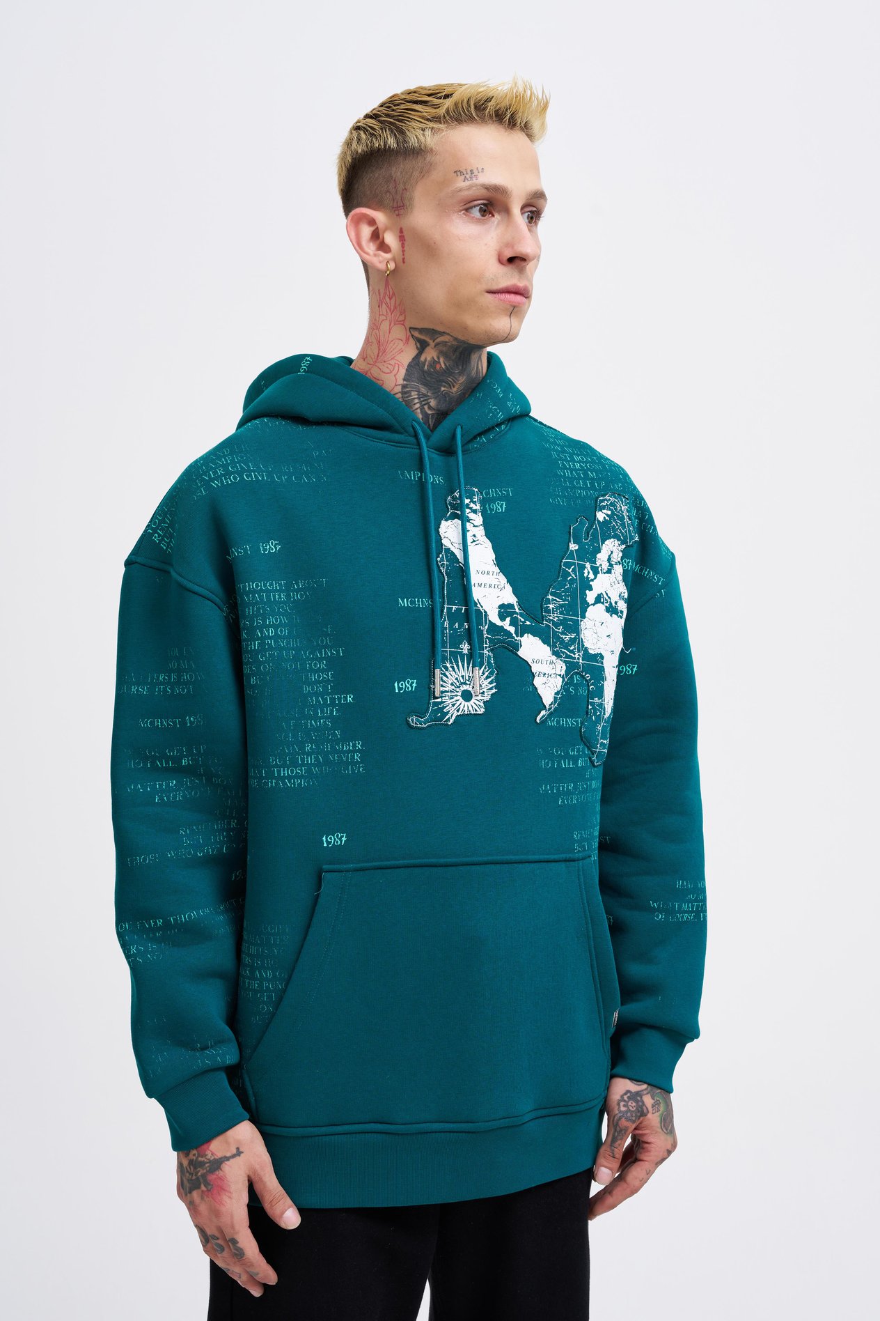 Erkek Map Printed And Applique Petrol Yeşili Hoodie