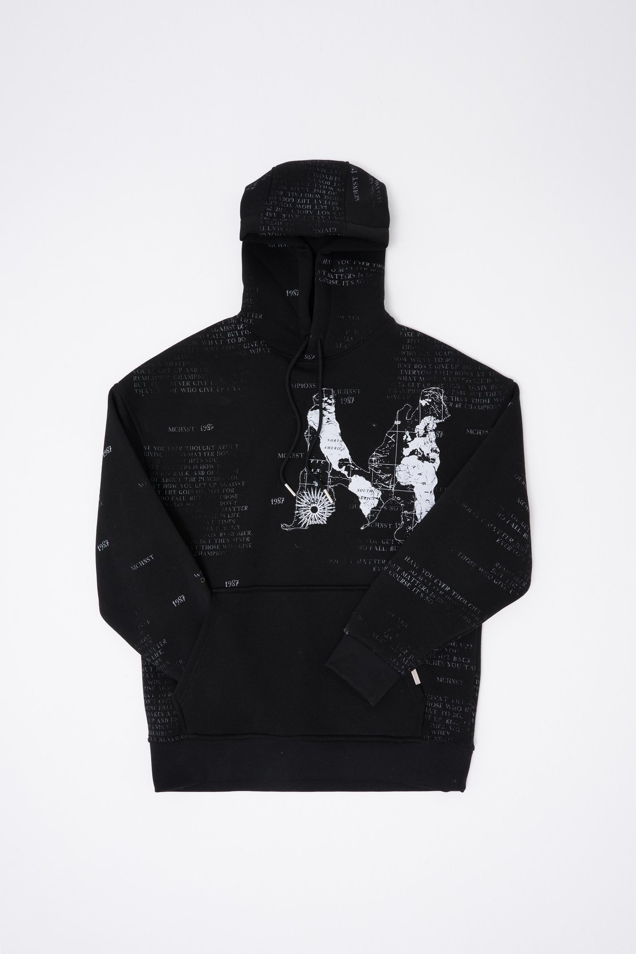 Erkek Map Printed And Applique Hoodie BLACK