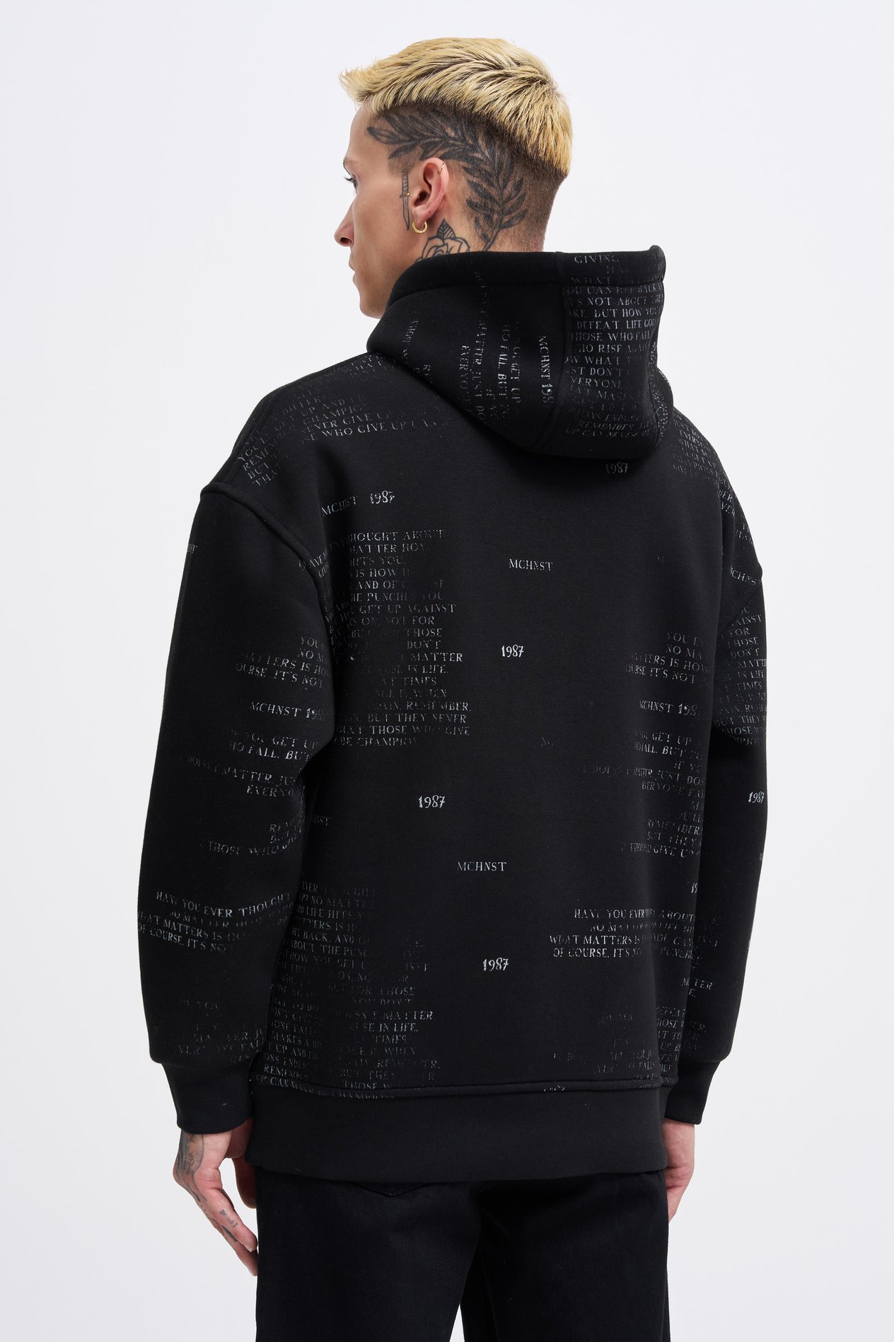 Erkek Map Printed And Applique Hoodie BLACK