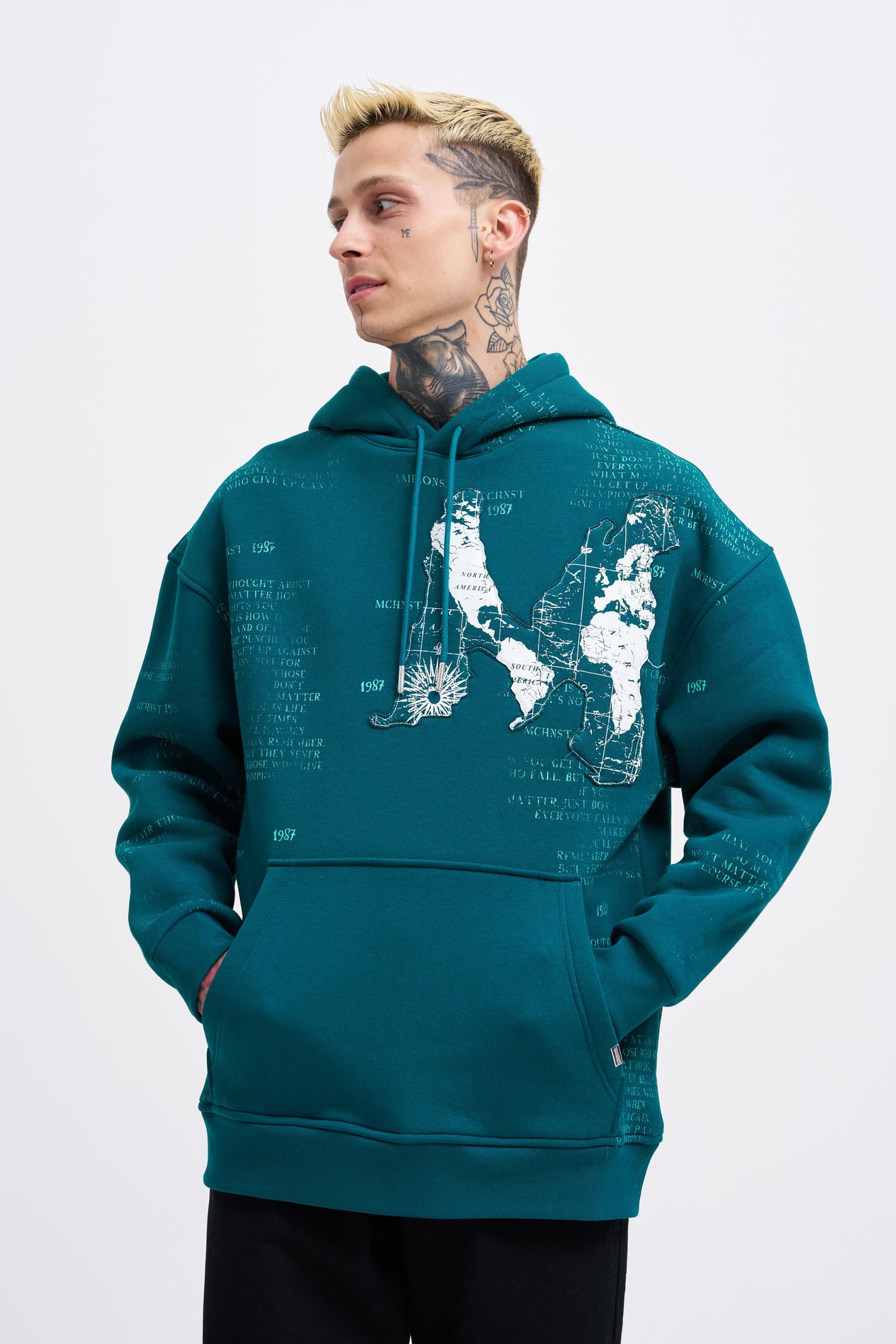 Erkek Map Printed And Applique Hoodie OIL GREEN