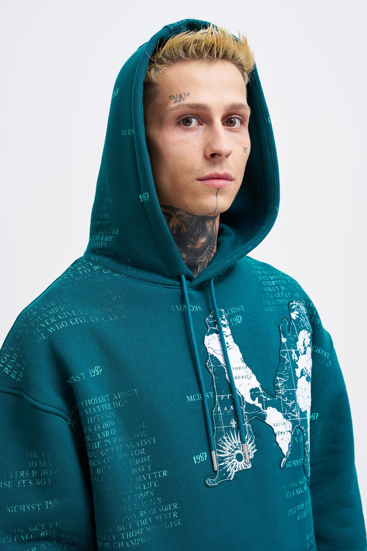Erkek Map Printed And Applique Hoodie OIL GREEN