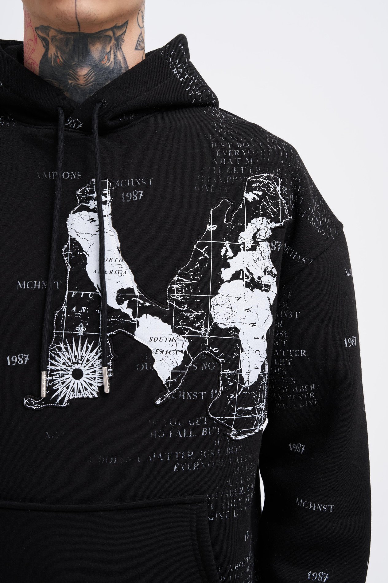 Erkek Map Printed And Applique Hoodie BLACK