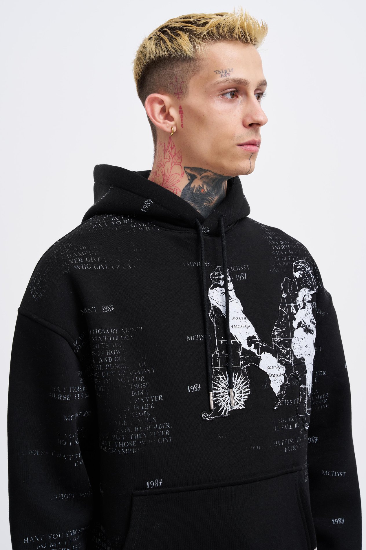 Erkek Map Printed And Applique Hoodie BLACK