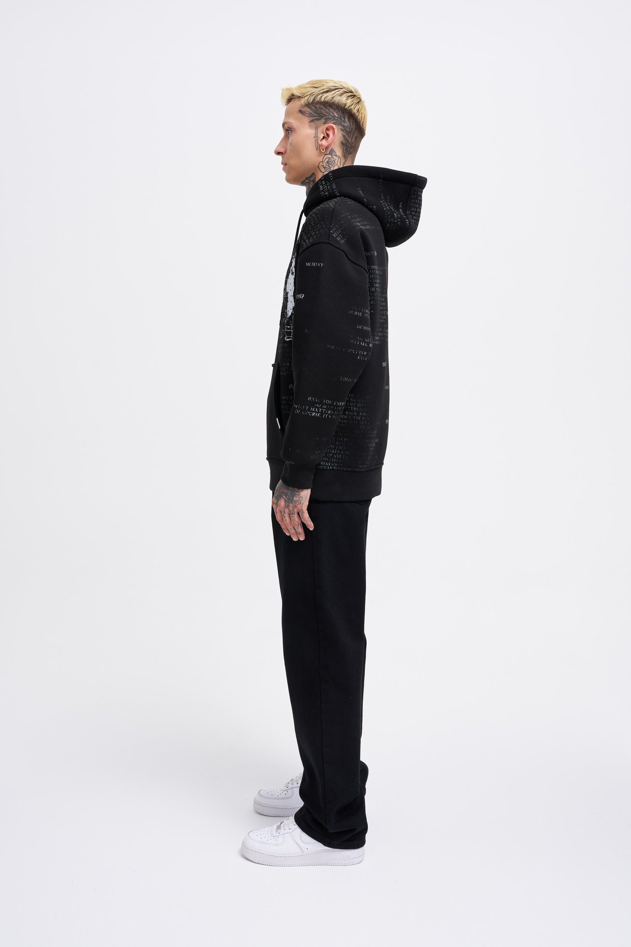 Erkek Map Printed And Applique Hoodie BLACK