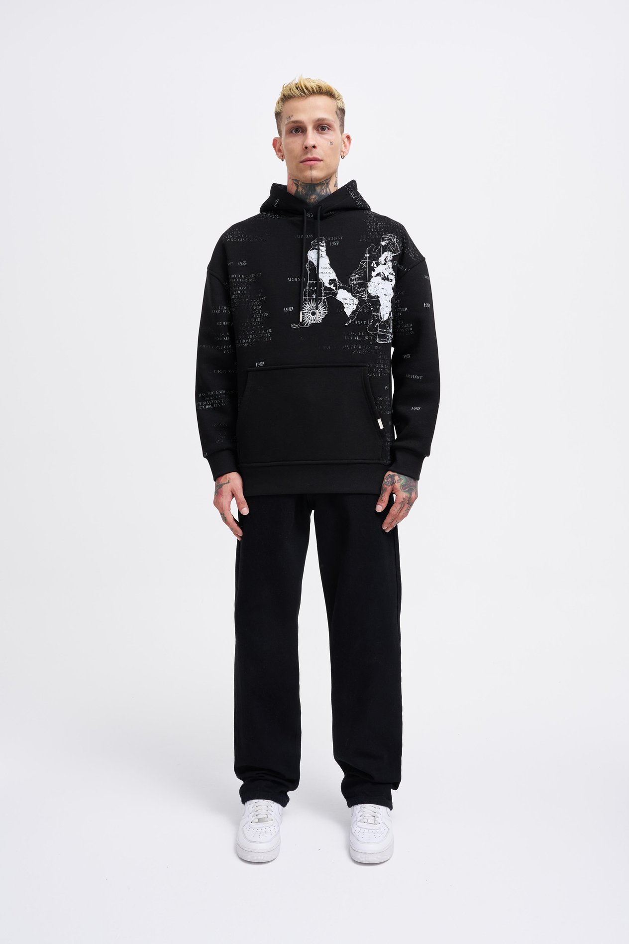 Erkek Map Printed And Applique Hoodie BLACK