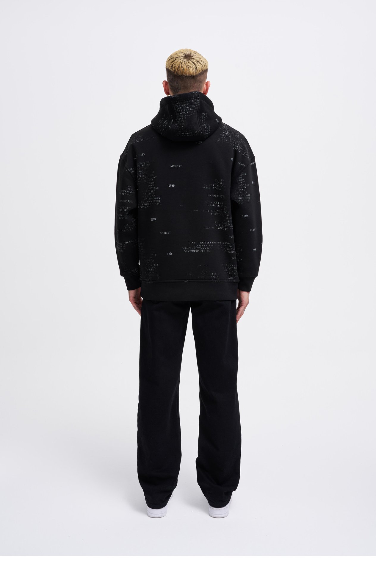 Erkek Map Printed And Applique Hoodie BLACK