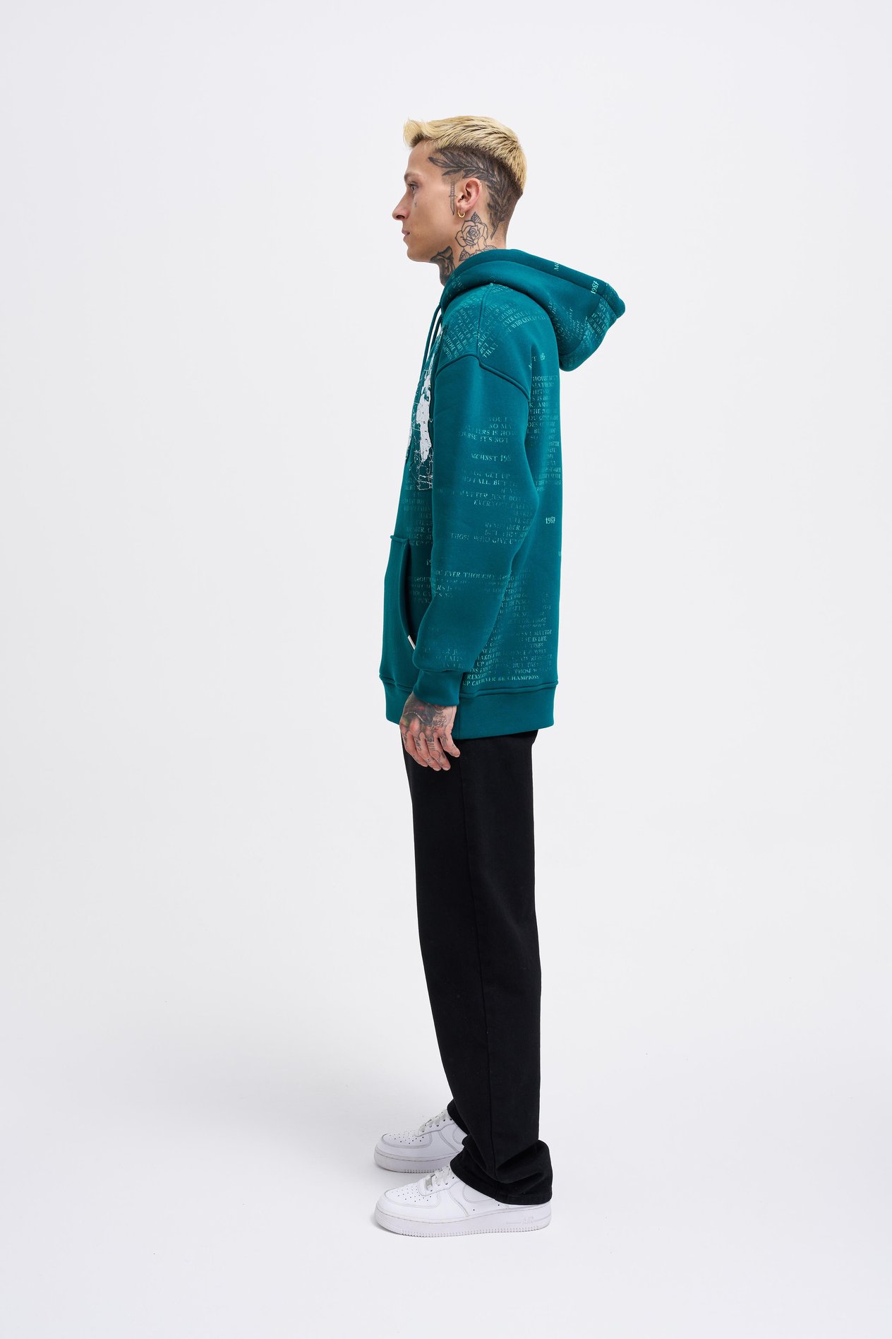 Erkek Map Printed And Applique Hoodie OIL GREEN