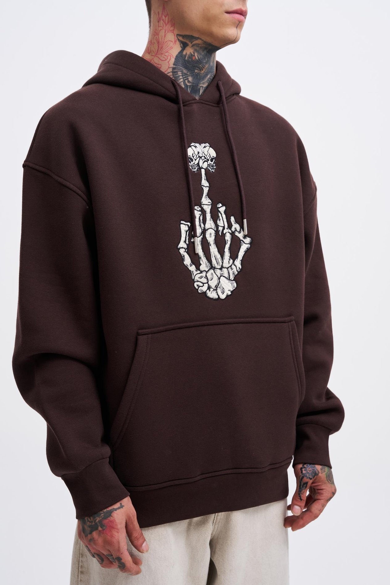 Erkek Middle Finger Baskılı Kapüşonlu Oversize Kahverengi Sweatshirt
