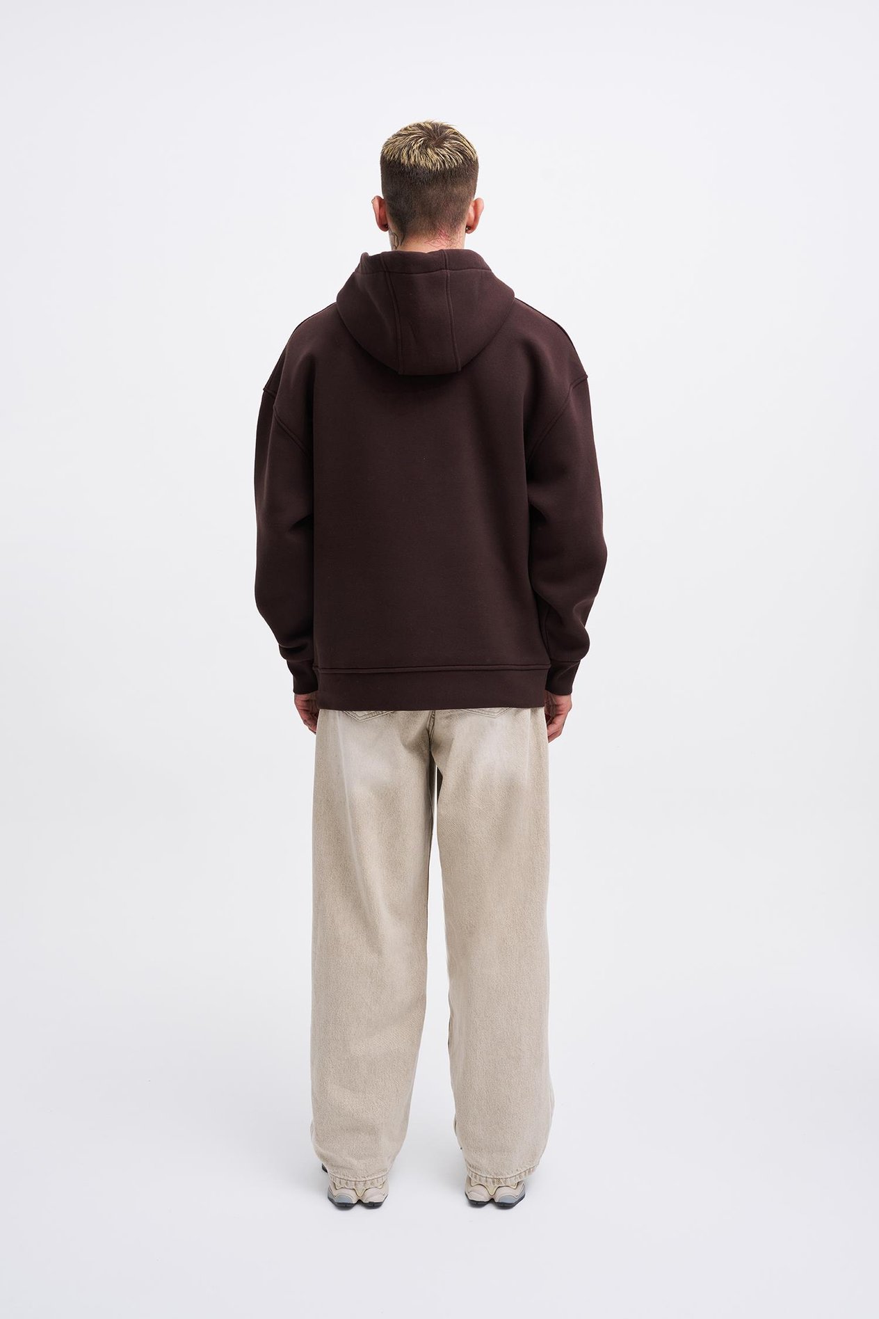 Erkek Middle Finger Baskılı Kapüşonlu Oversize Kahverengi Sweatshirt