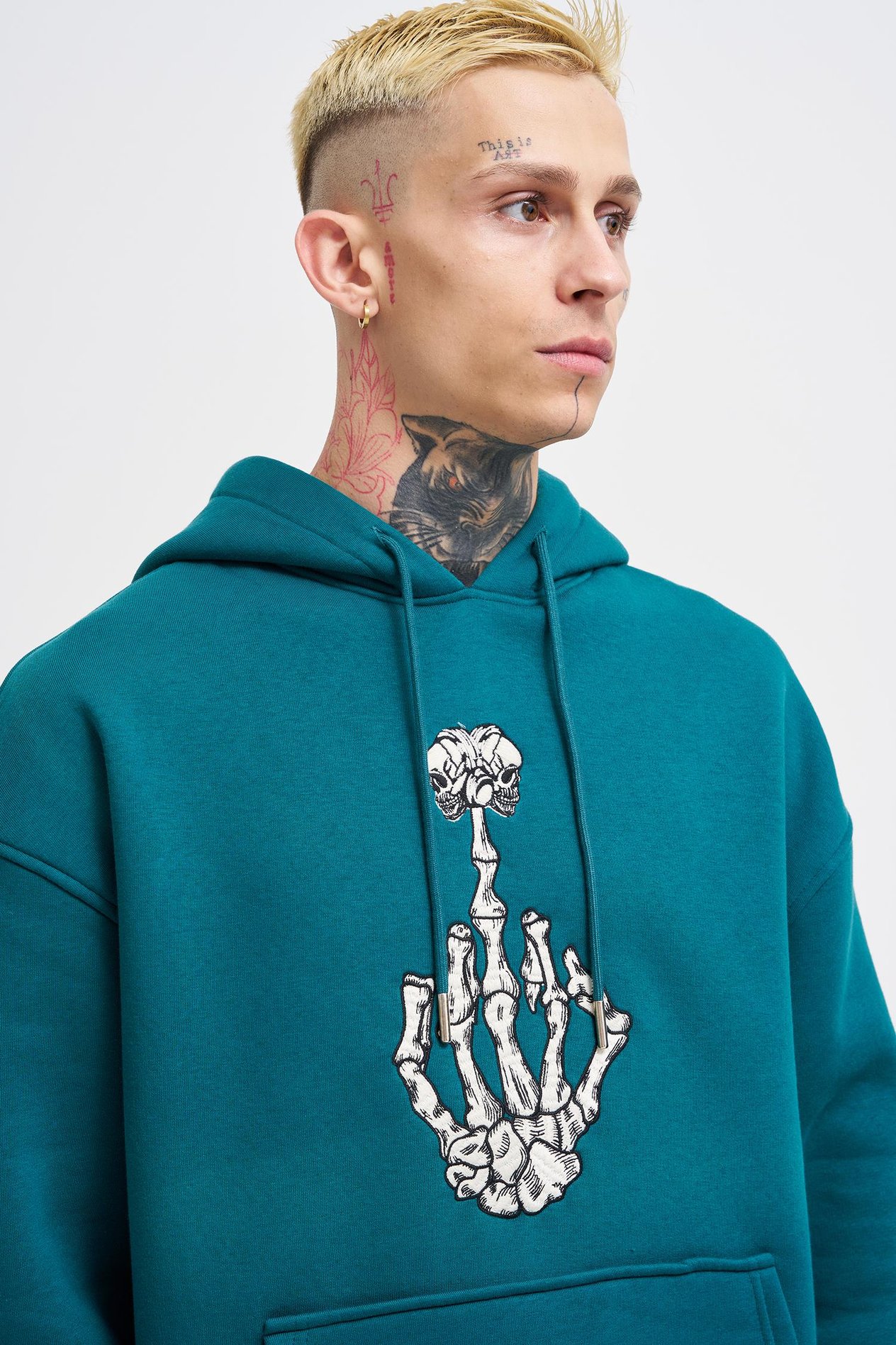 Erkek Middle Finger Baskılı Kapüşonlu Oversize Petrol Yeşili Sweatshirt
