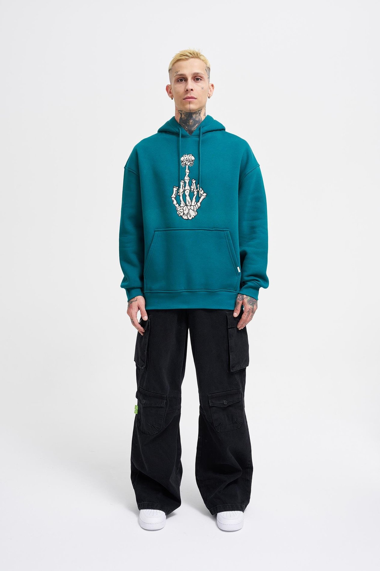 Erkek Middle Finger Baskılı Kapüşonlu Oversize Petrol Yeşili Sweatshirt