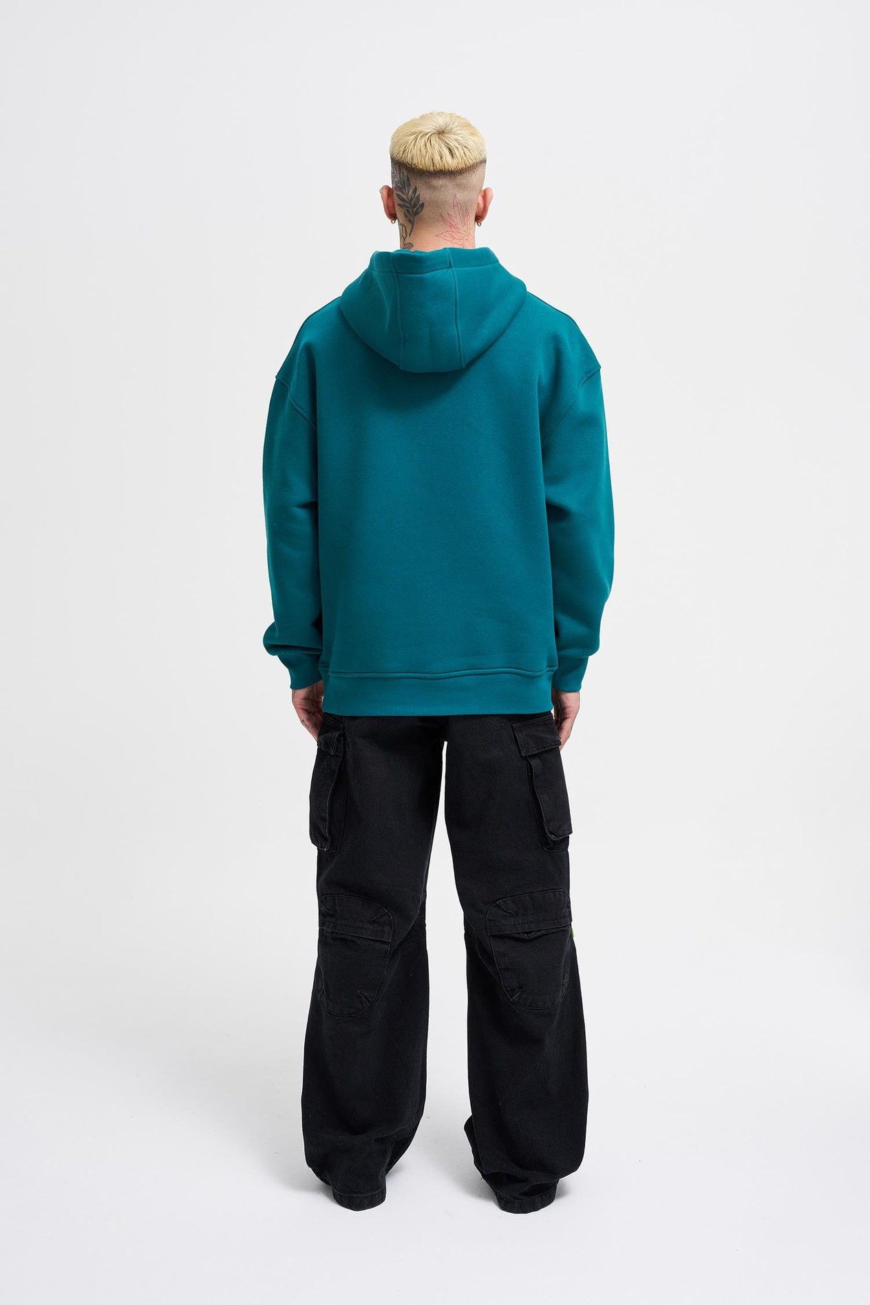Erkek Middle Finger Baskılı Kapüşonlu Oversize Petrol Yeşili Sweatshirt