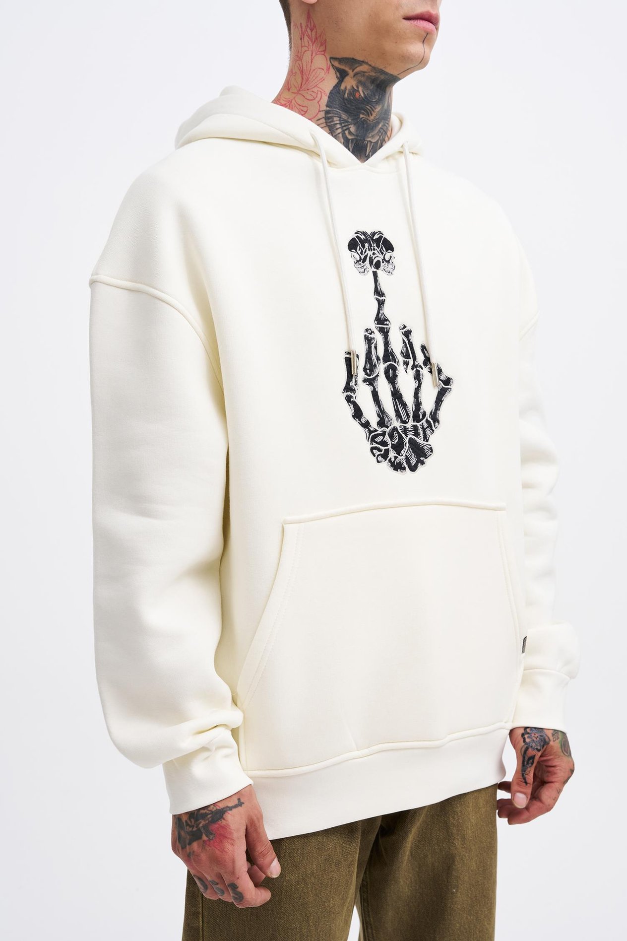 Erkek Middle Finger Baskılı Kapüşonlu Oversize Ekru Sweatshirt