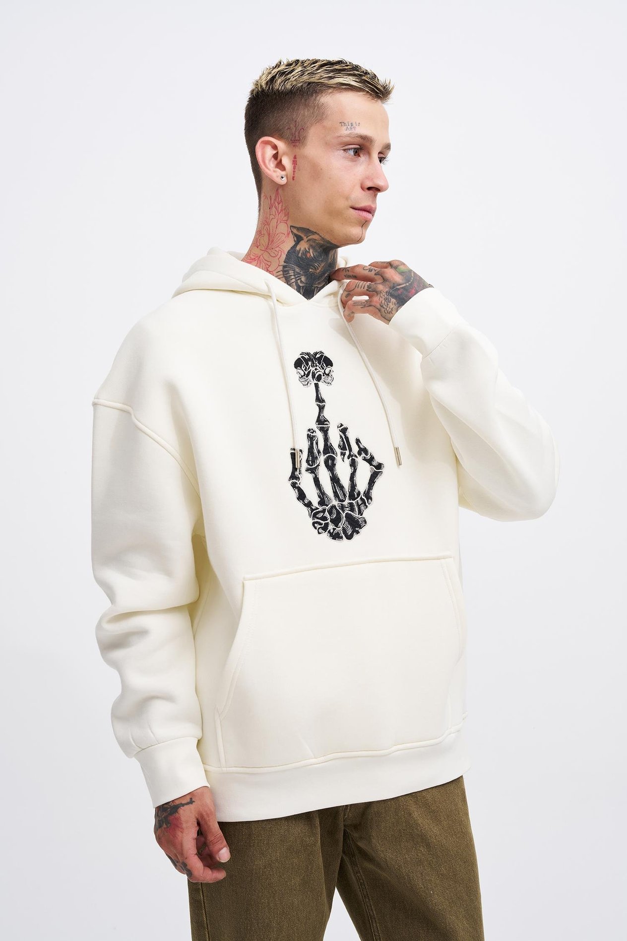 Erkek Middle Finger Baskılı Kapüşonlu Oversize Ekru Sweatshirt