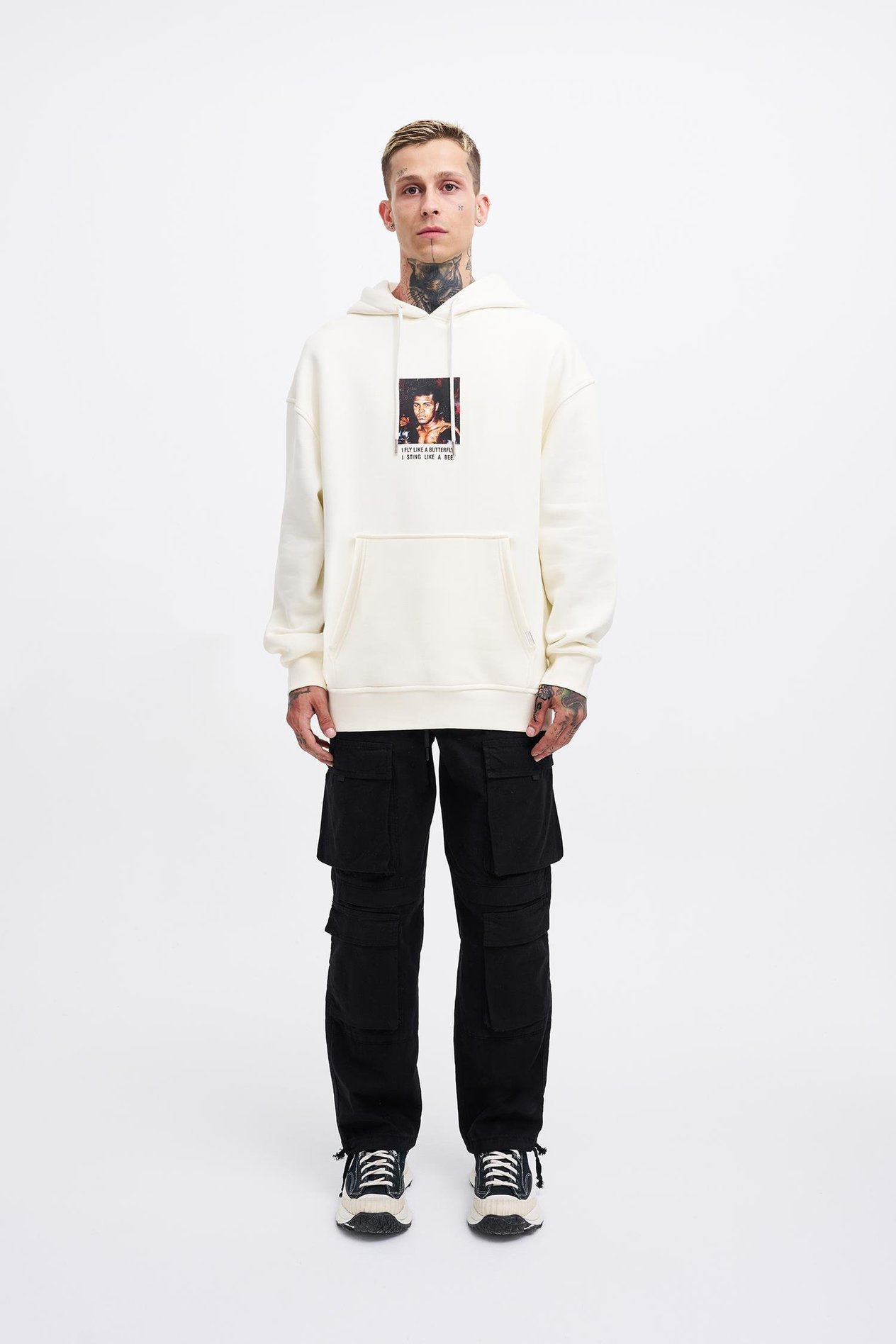 Erkek Muhammed Ali Baskılı Kapüşonlu Ekru Sweatshirt