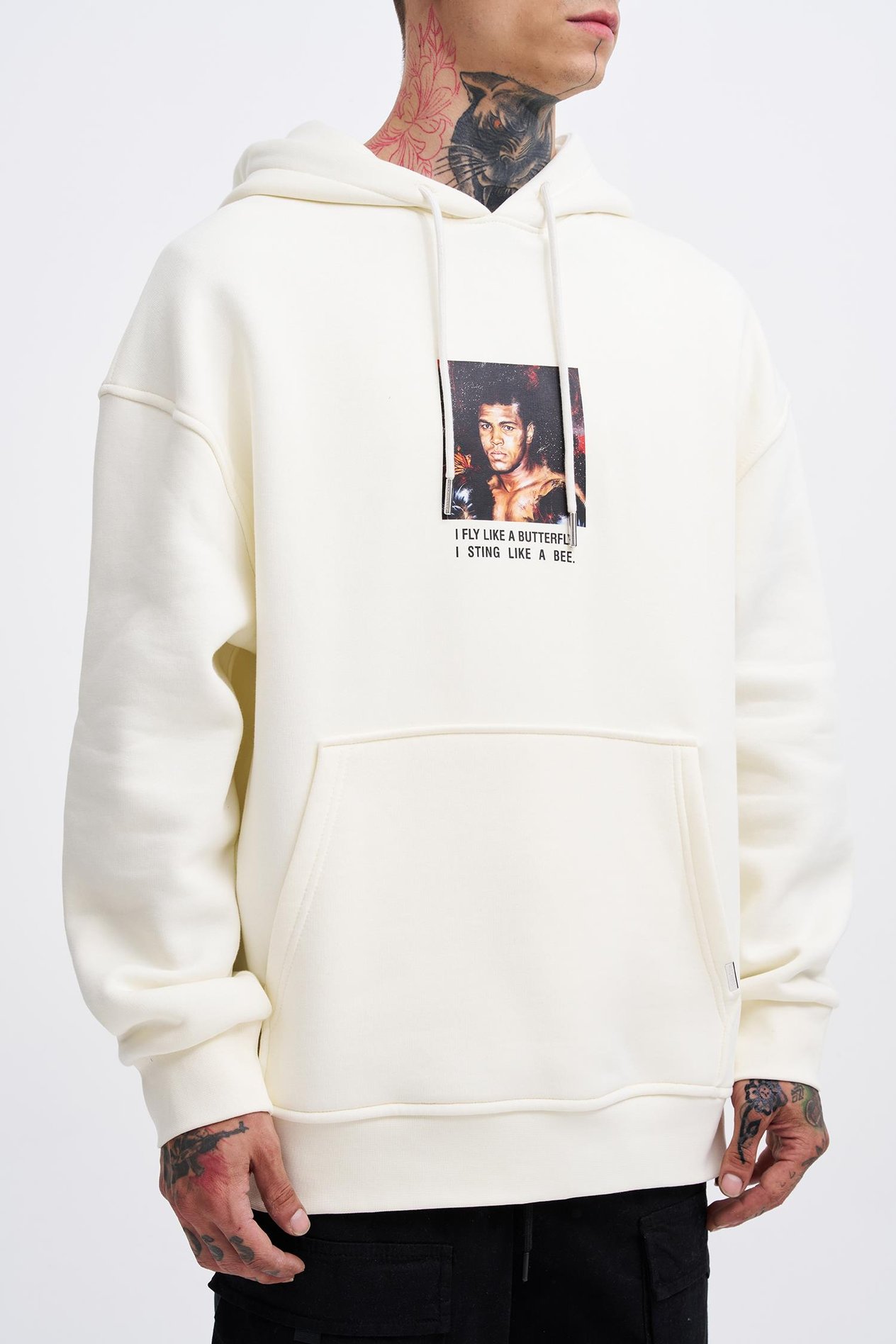 Erkek Muhammed Ali Baskılı Kapüşonlu Ekru Sweatshirt