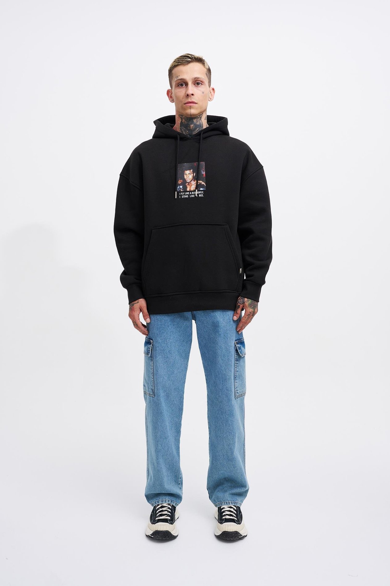 Erkek Muhammed Ali Baskılı Kapüşonlu Siyah Sweatshirt