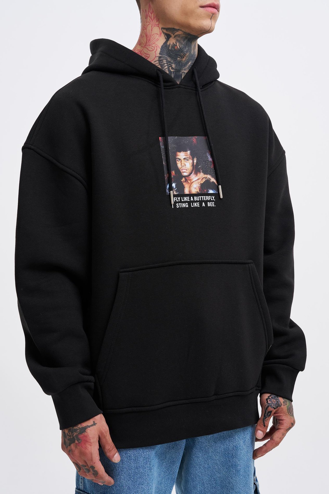 Erkek Muhammed Ali Baskılı Kapüşonlu Siyah Sweatshirt