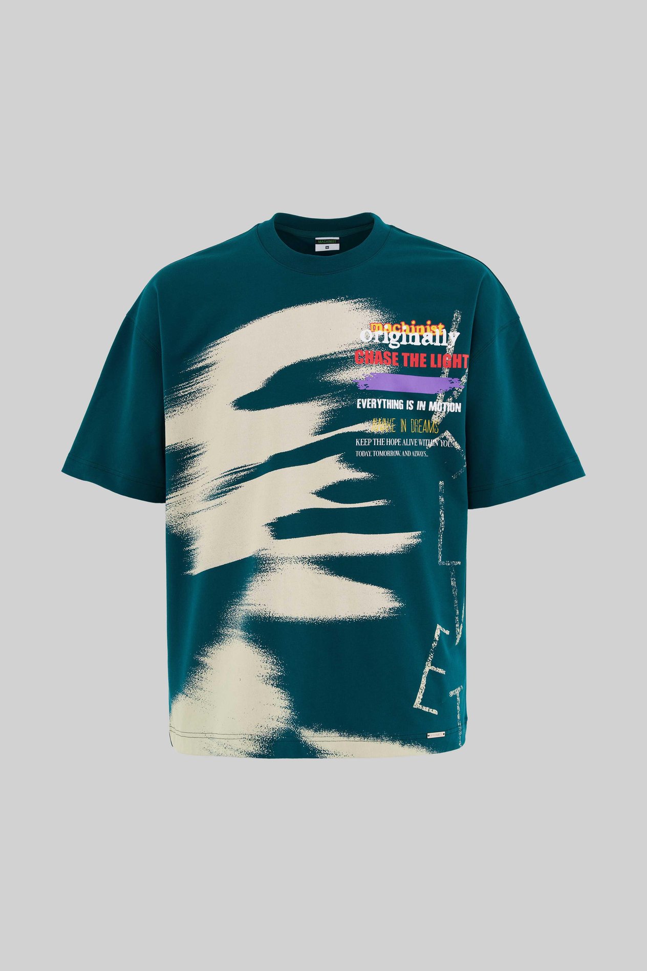 Erkek Multi Colored And Slogan Printed Oversize Oil Green Tişört