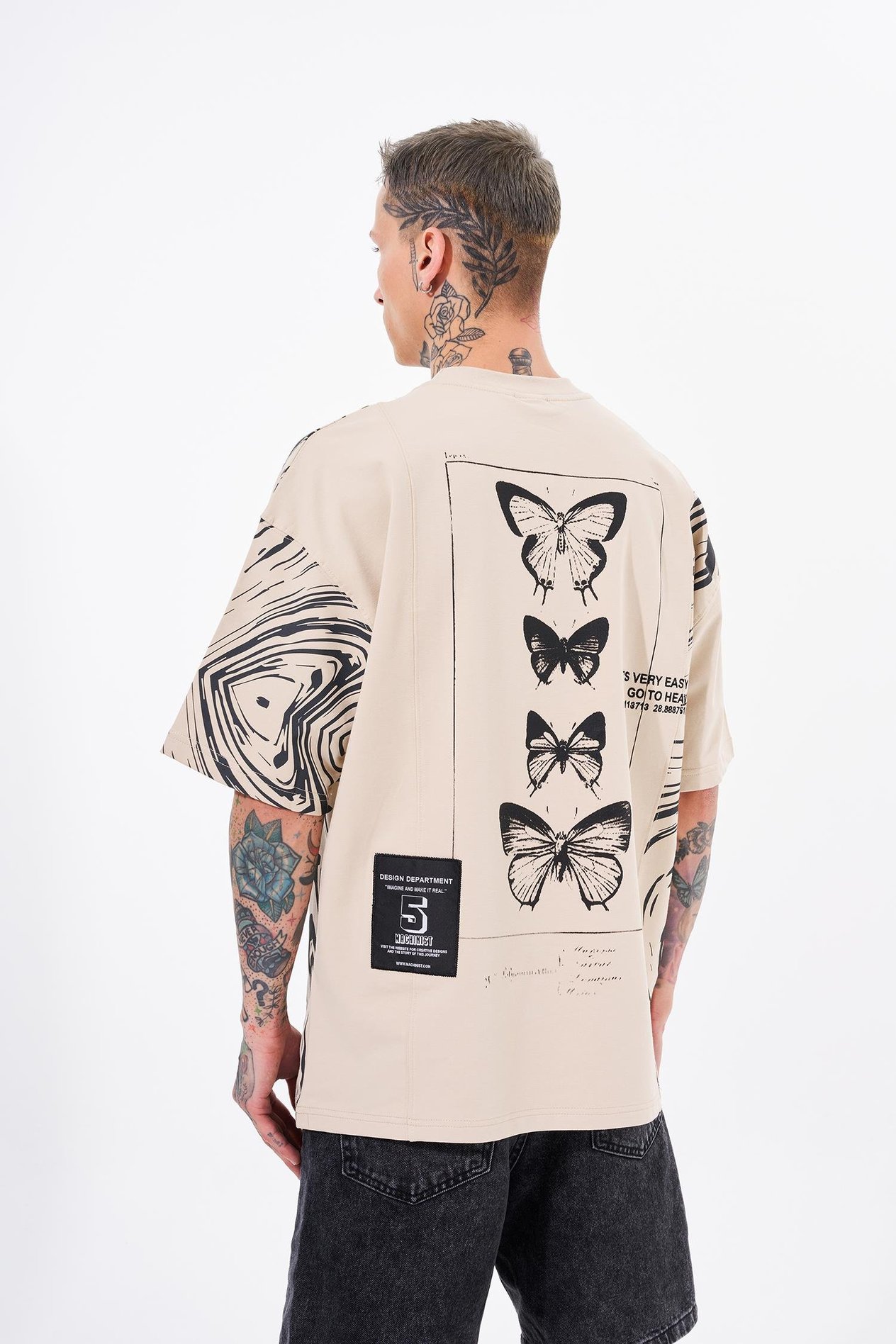 Erkek Number 5 Baskılı Oversize Açık Bej Tişört