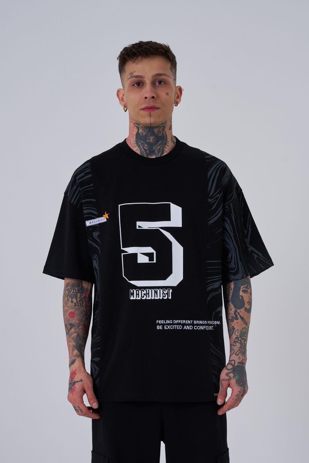 Erkek Number 5 Baskılı Oversize Siyah Tişört