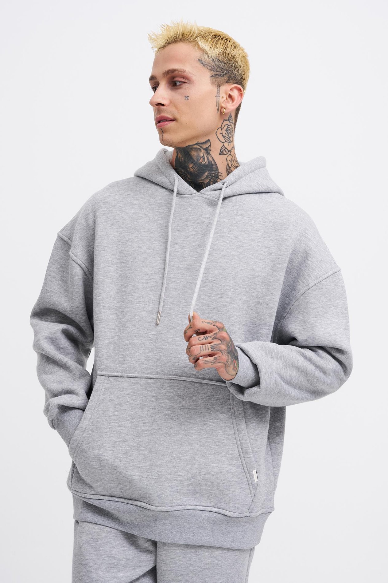 Erkek Oversize Basic Kapüşonlu Sweatshirt GRİ MELANJ